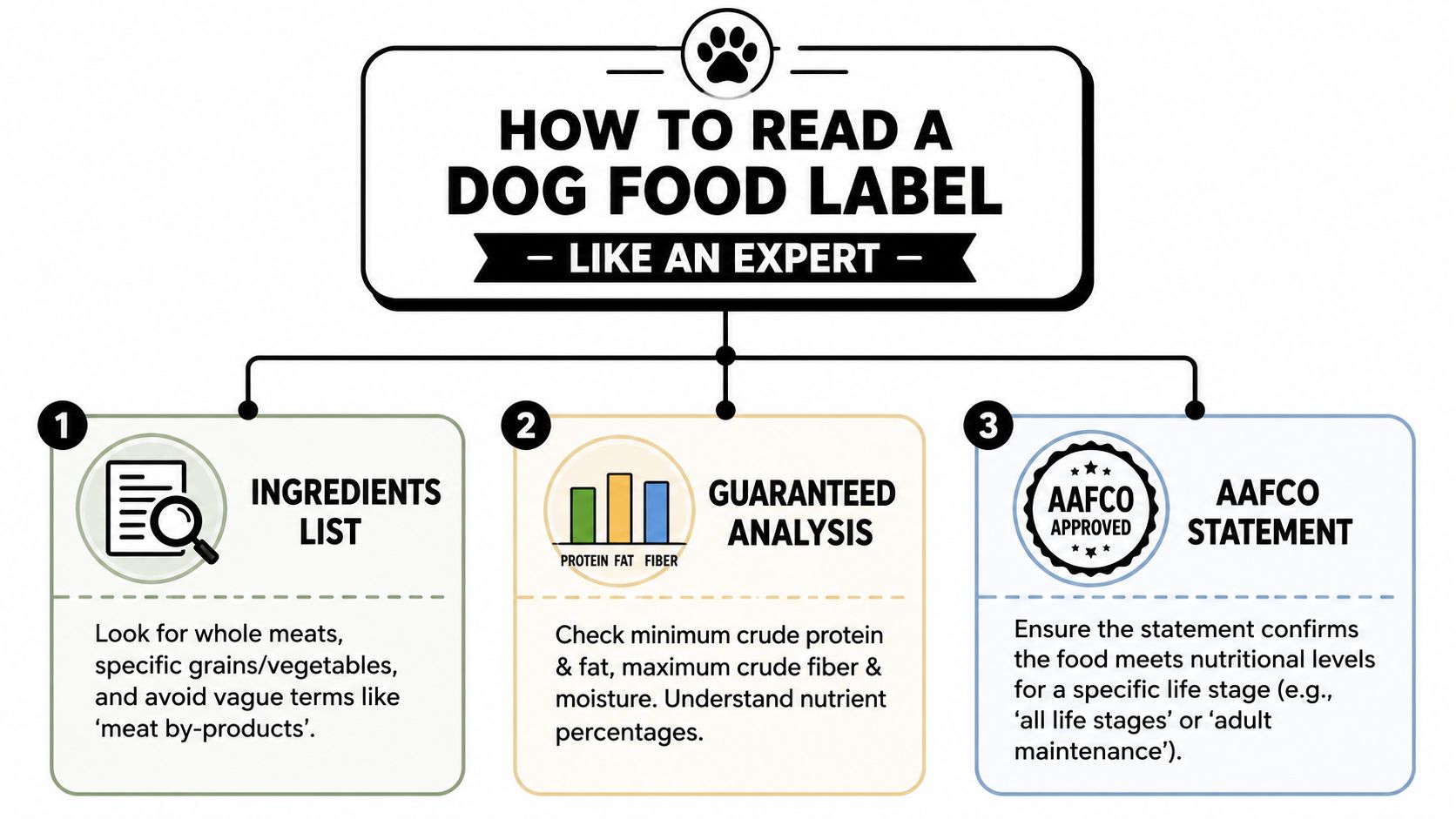An infographic titled how to read a dog food label like an expert with three steps.