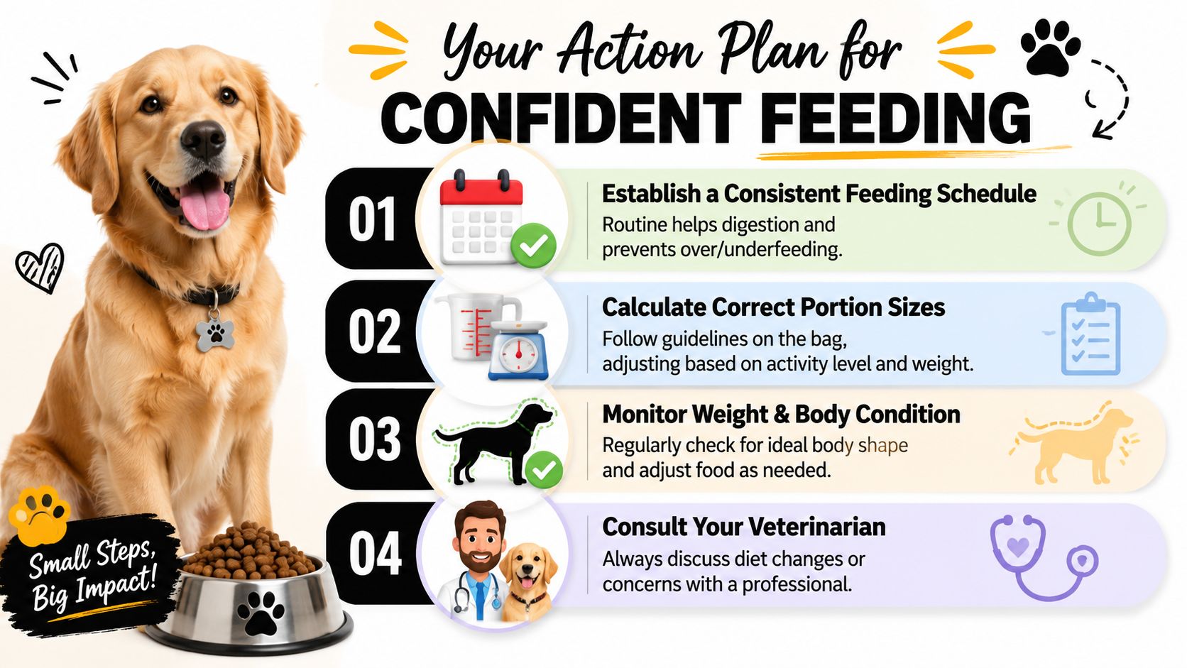 An infographic titled Your Action Plan for Confident Feeding, showing a golden retriever and four steps for pet nutrition.
