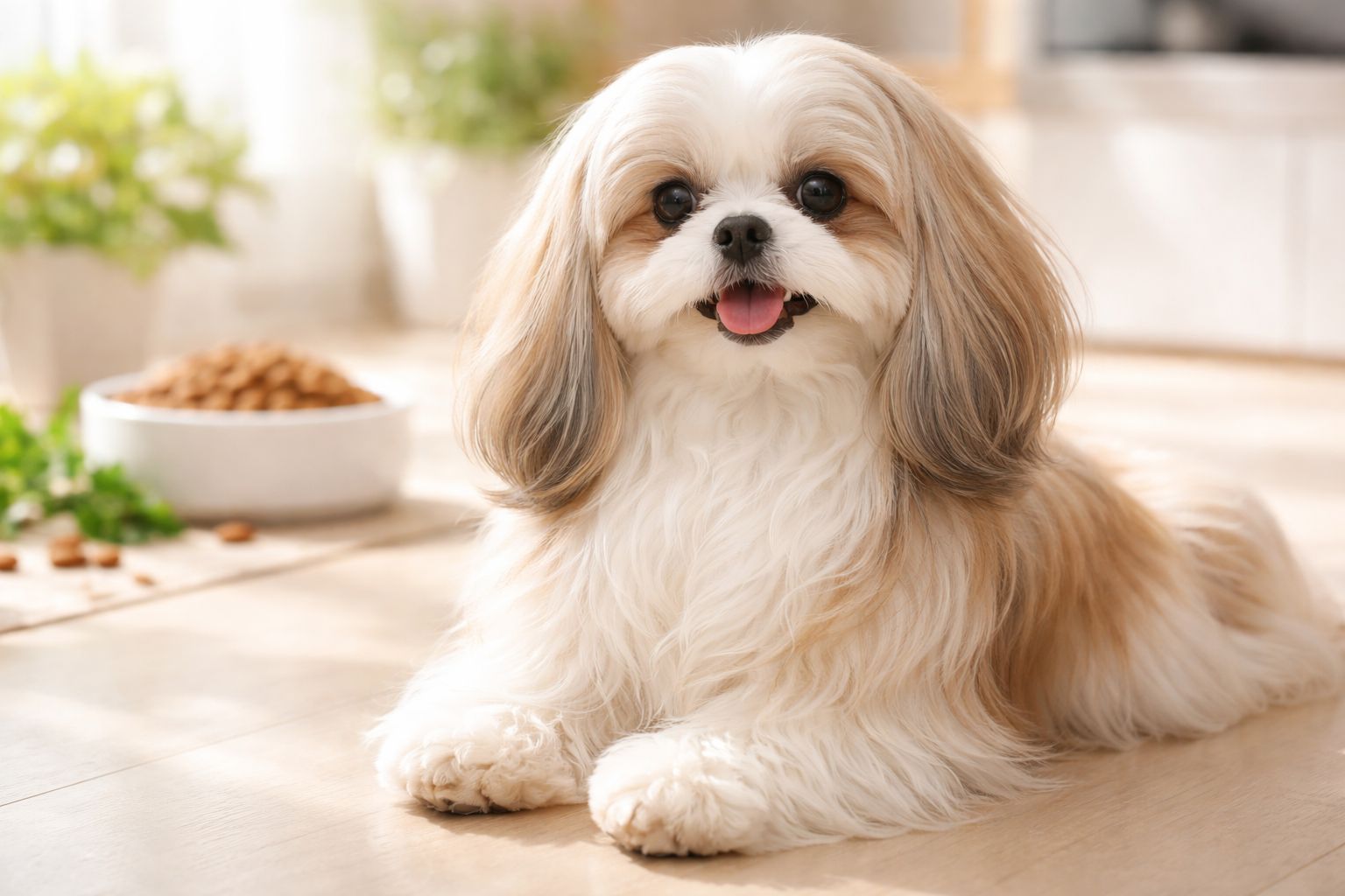 A happy long-haired Shih Tzu dog resting on a wooden floor near a bowl of dry food.