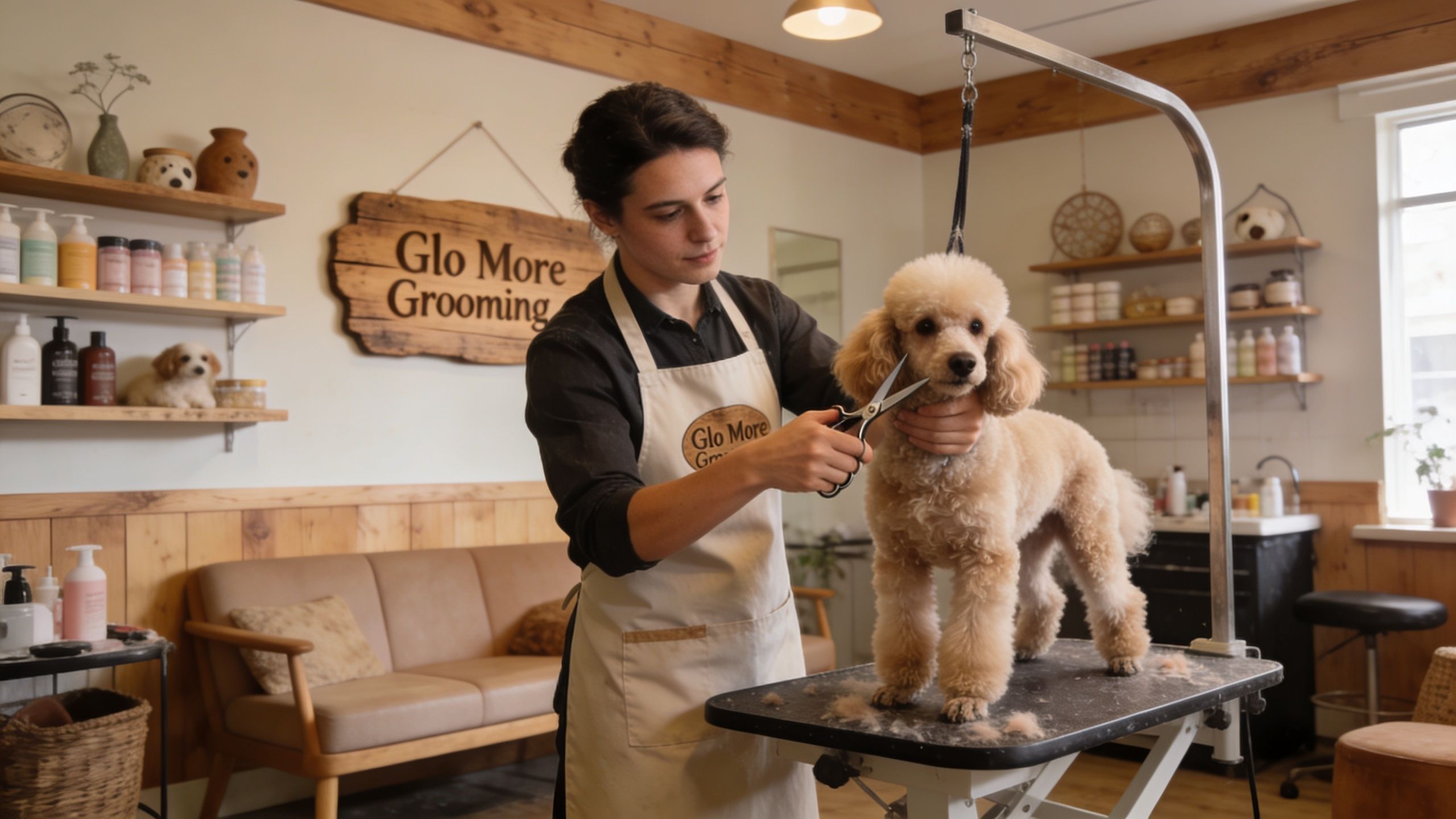 A professional dog groomer carefully trimming a fluffy poodle on a grooming table in a cozy pet salon.