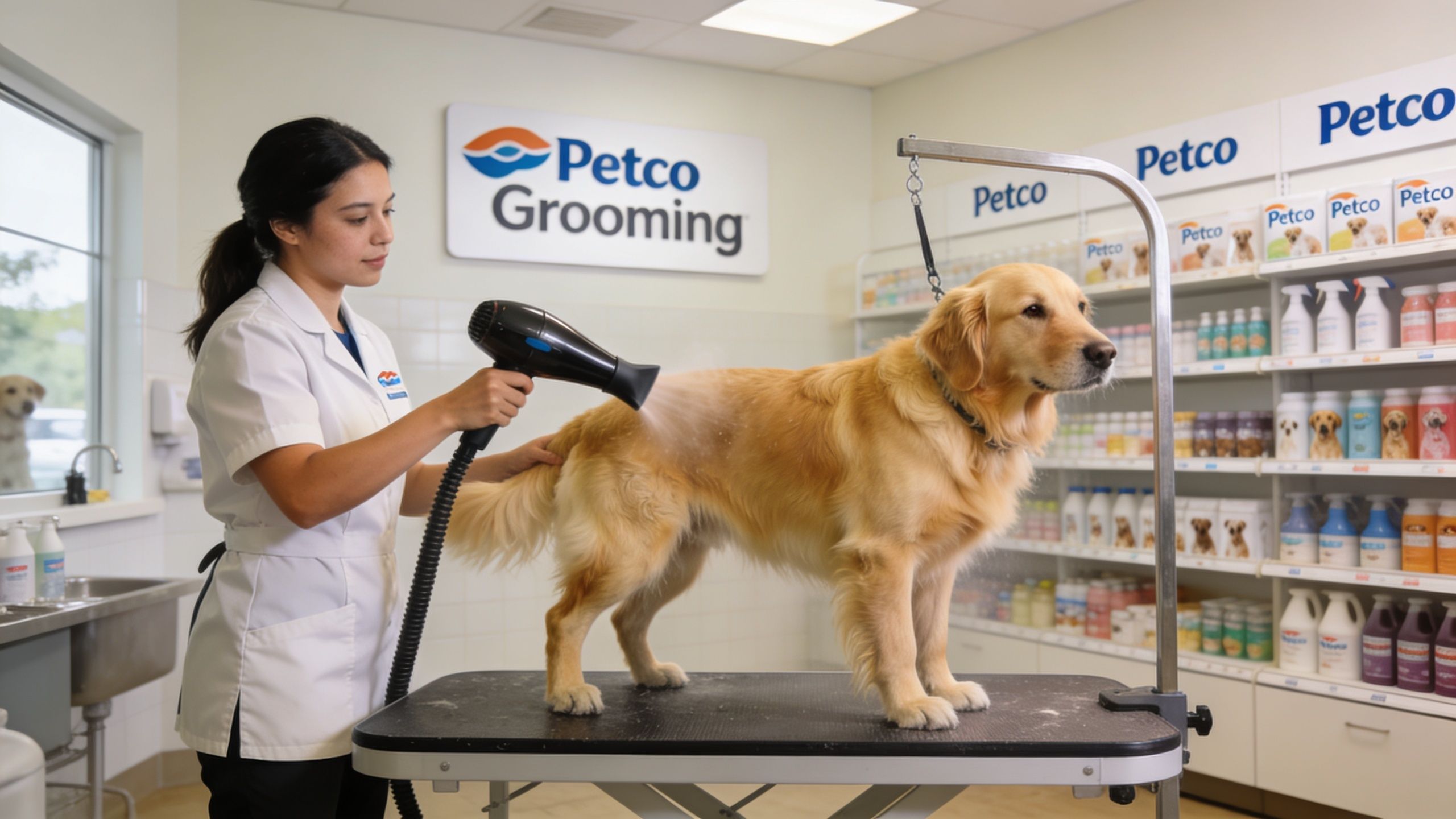 A professional groomer uses a blow dryer to dry a golden retriever on a grooming table.