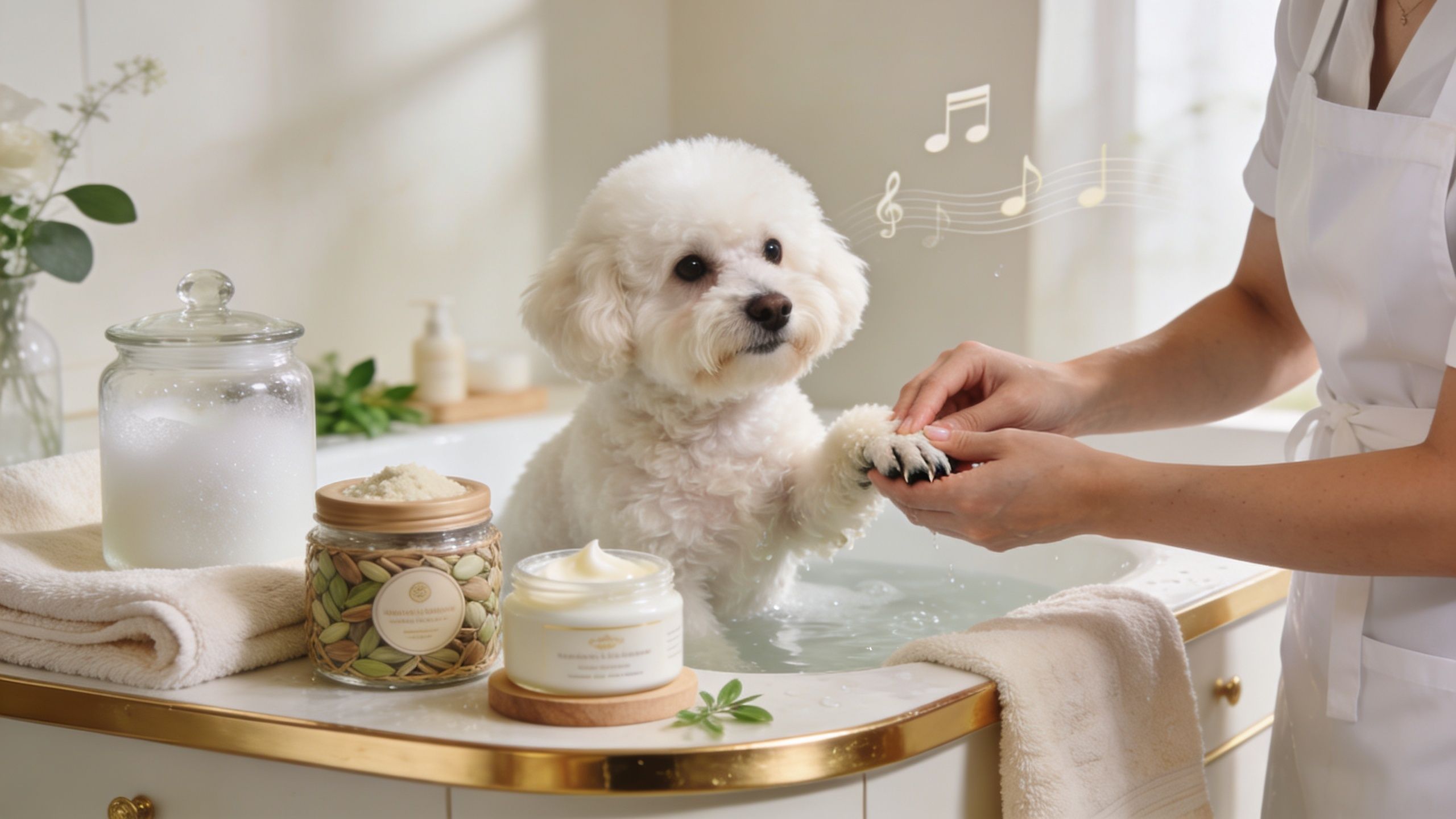 A professional groomer gently washing the paw of a fluffy white dog in a luxurious spa tub.