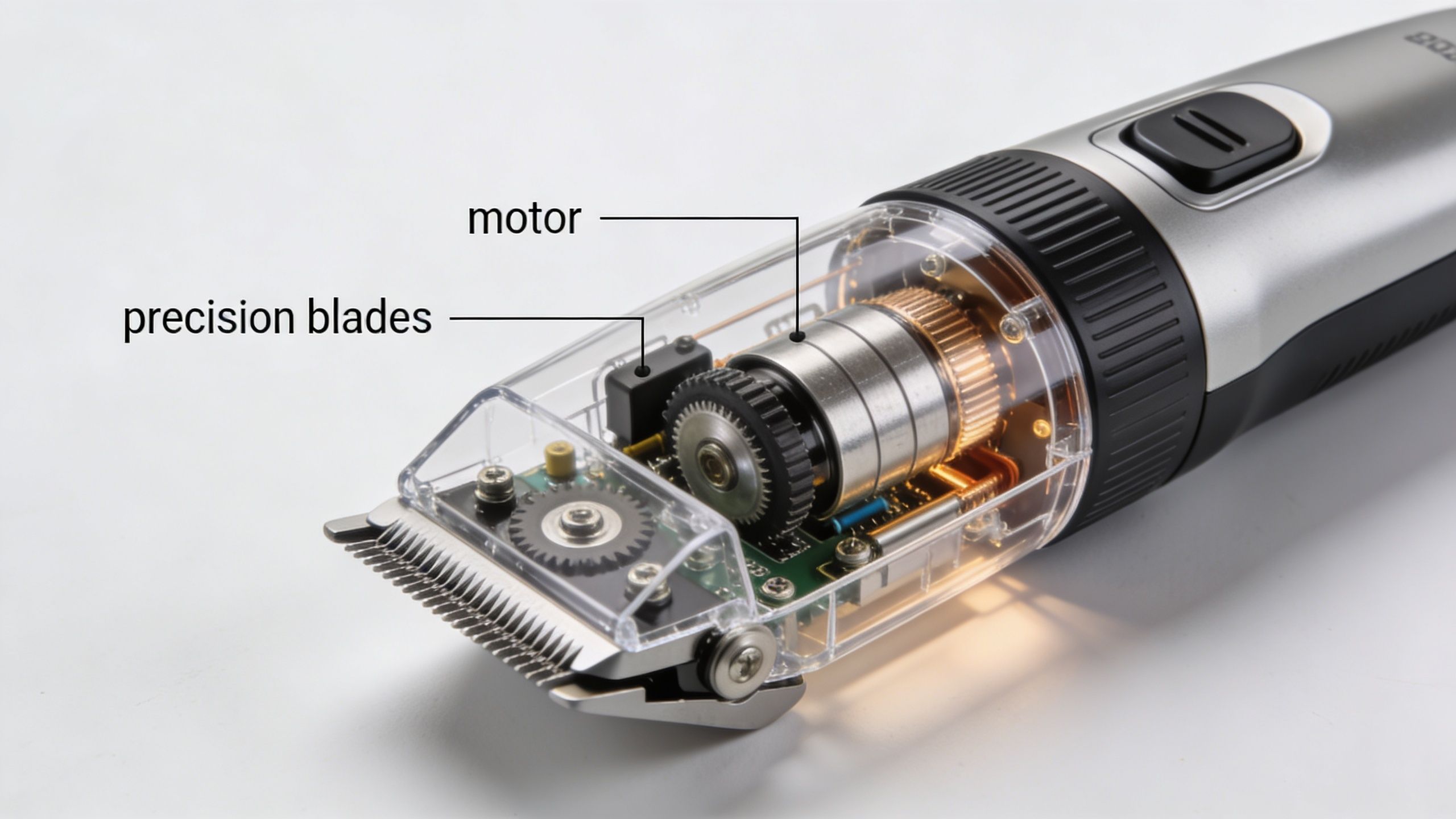 A close-up view of the internal mechanism of a cordless dog haircut machine with transparent casing.