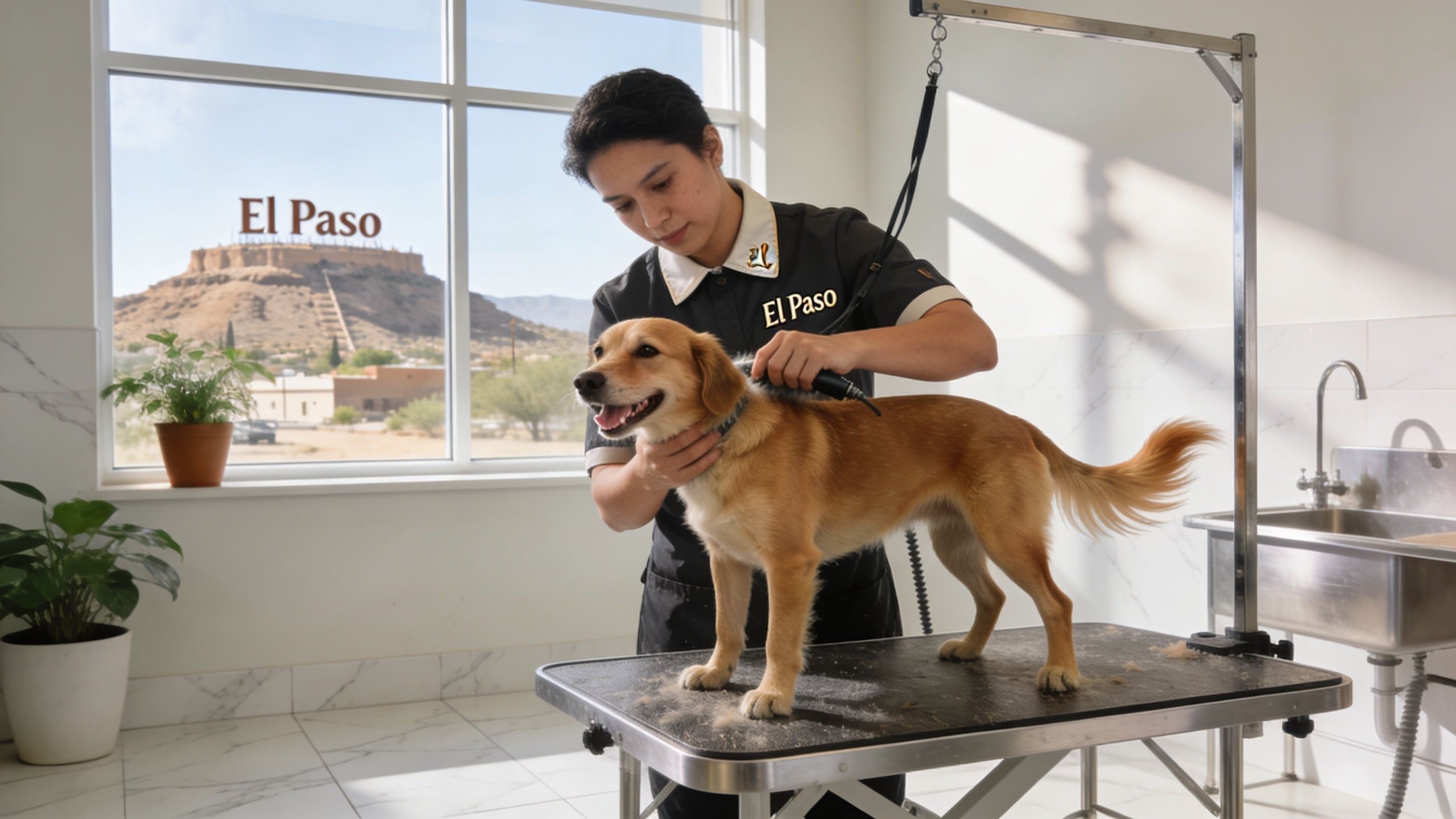A professional groomer uses a dog haircut machine to trim a golden-colored dog on a grooming table.