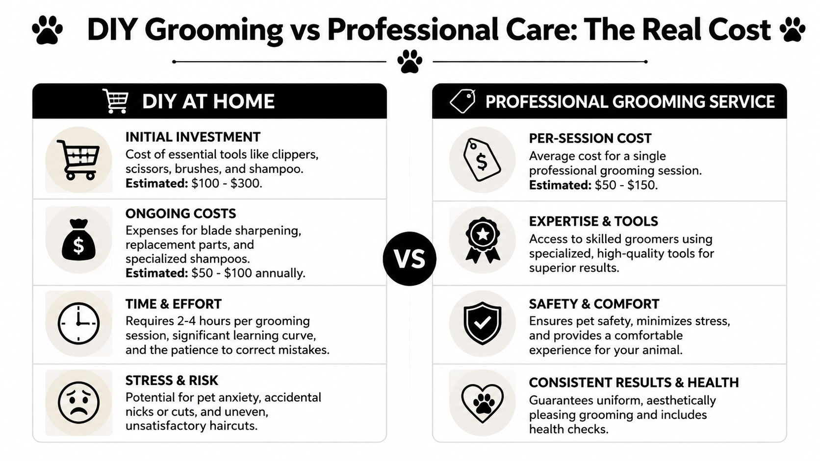 A comparative infographic outlining the costs, time, and risks of DIY home pet grooming versus professional services.