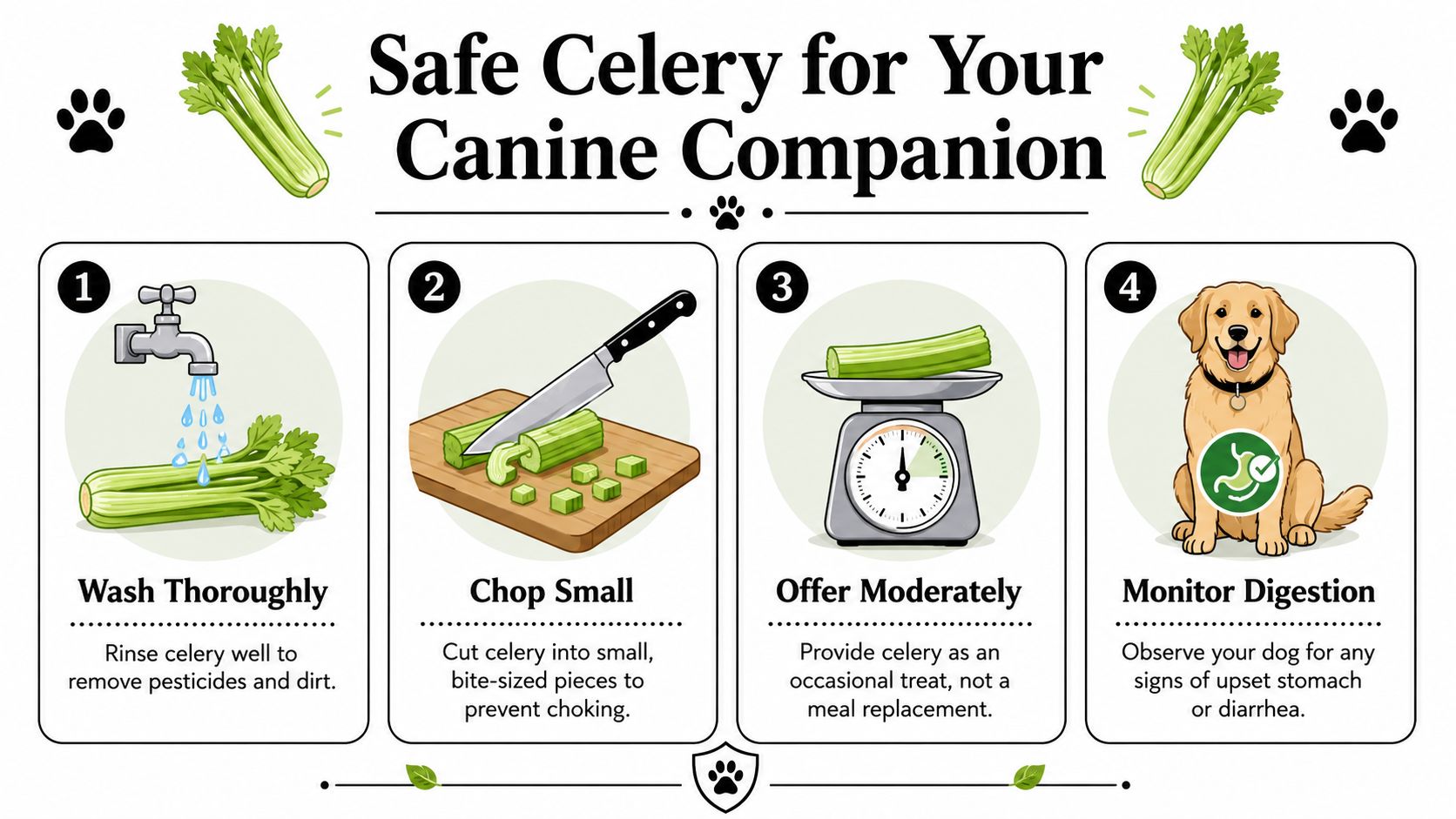 A helpful infographic showing four safe steps for preparing celery as a treat for your dog.