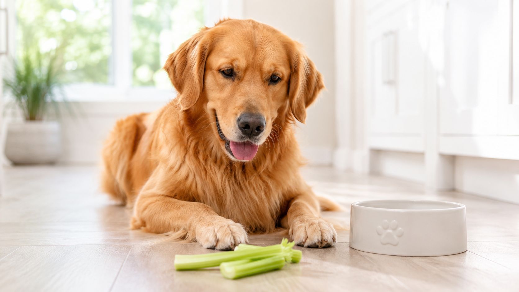 A happy golden retriever dog lying on a kitchen floor next to fresh green celery sticks.