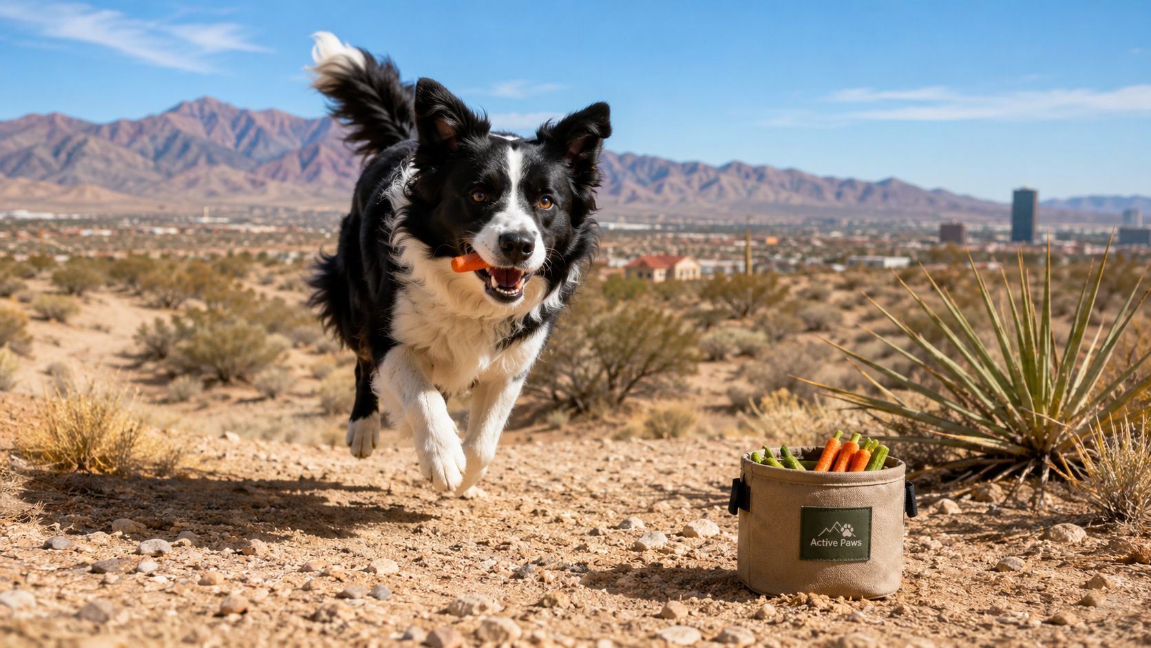 A happy border collie jumps outdoors while holding a piece of vegetable in its mouth with a treat container nearby.