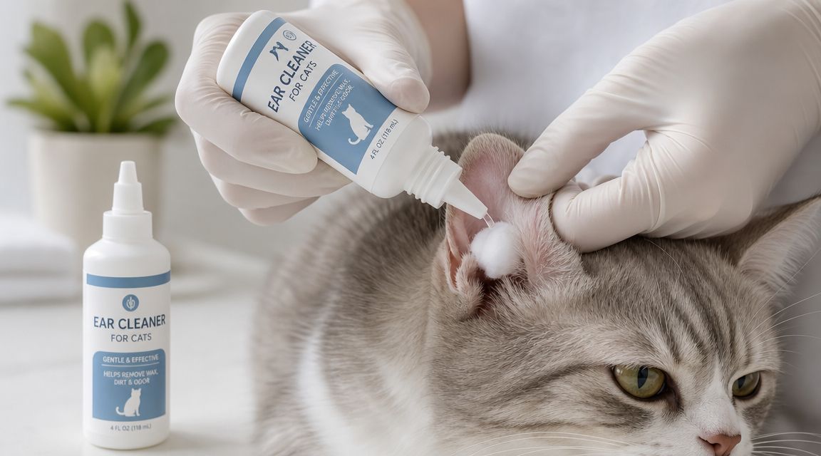 A gloved hand applies cat ear cleaner drops onto a cotton ball in a tabby cat's ear.