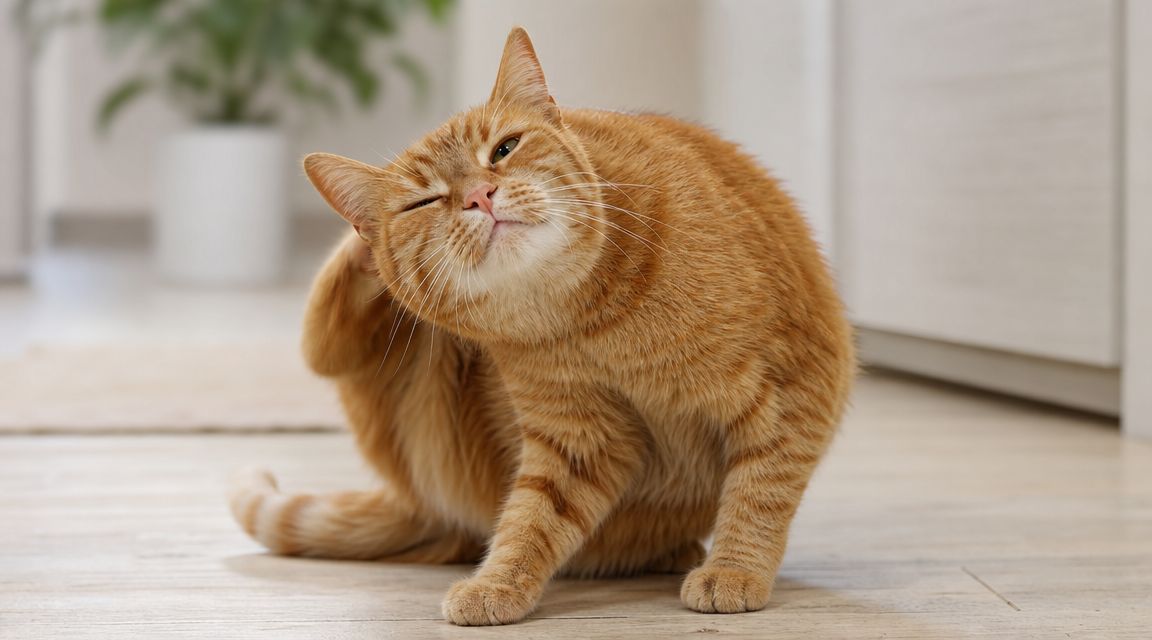 An orange tabby cat scratching its ear while sitting on a wooden floor inside a home.