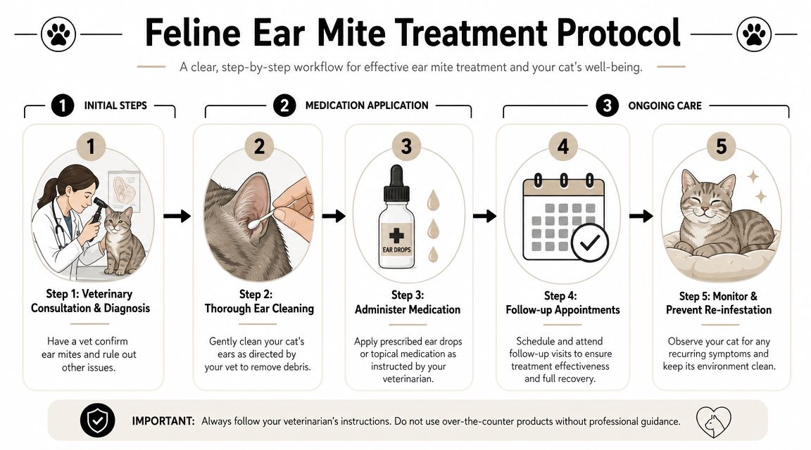 A five-step instructional guide illustrating the professional treatment protocol for managing feline ear mites in cats.