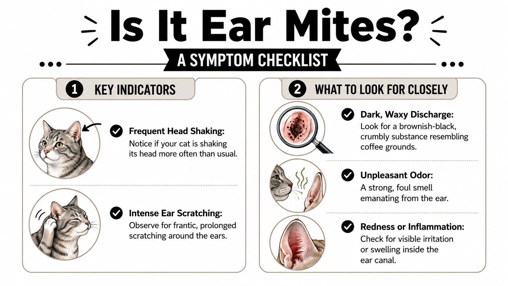 An infographic showing symptoms of ear mites in cats including head shaking, scratching, discharge, and odor.