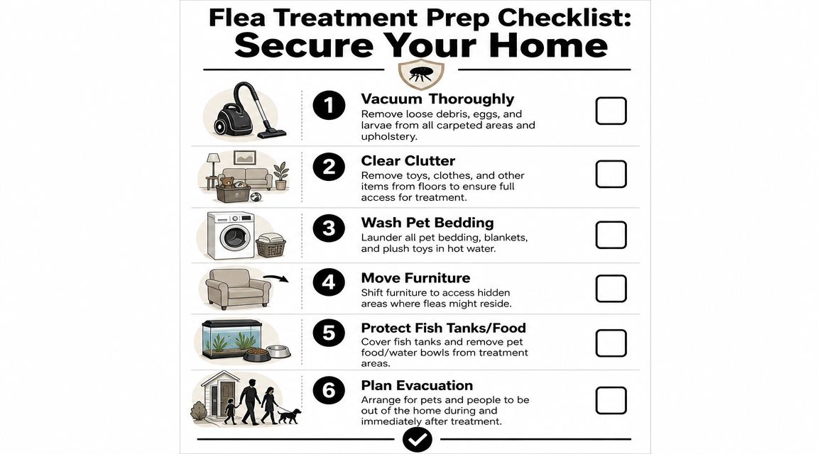 A flea treatment preparation checklist for homeowners to follow before professional pest control service arrives.