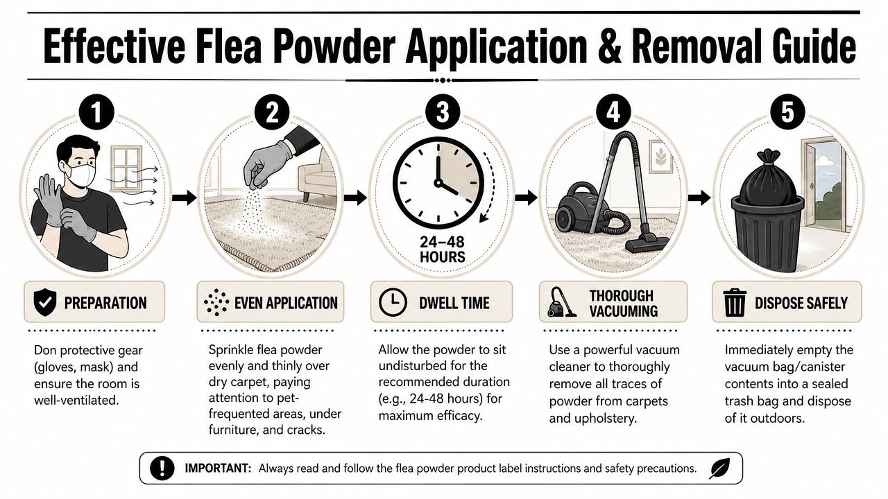 A five-step instructional guide on how to safely apply and remove flea powder from carpets.