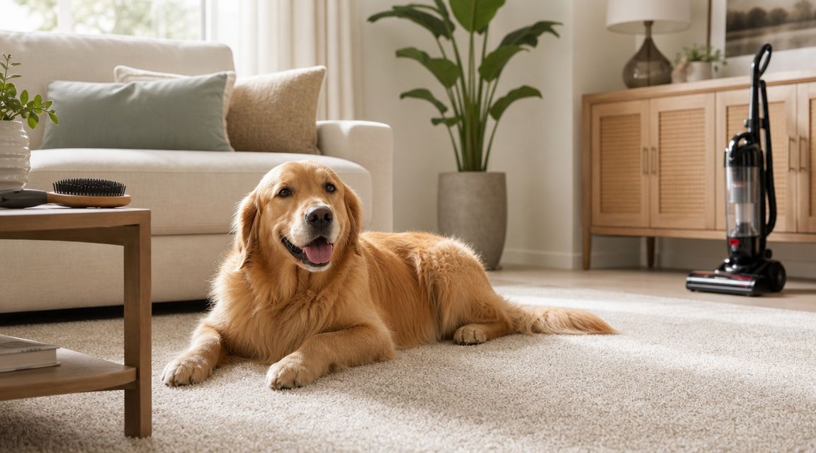 A happy golden retriever dog resting on a beige carpet in a cozy, well-lit living room.