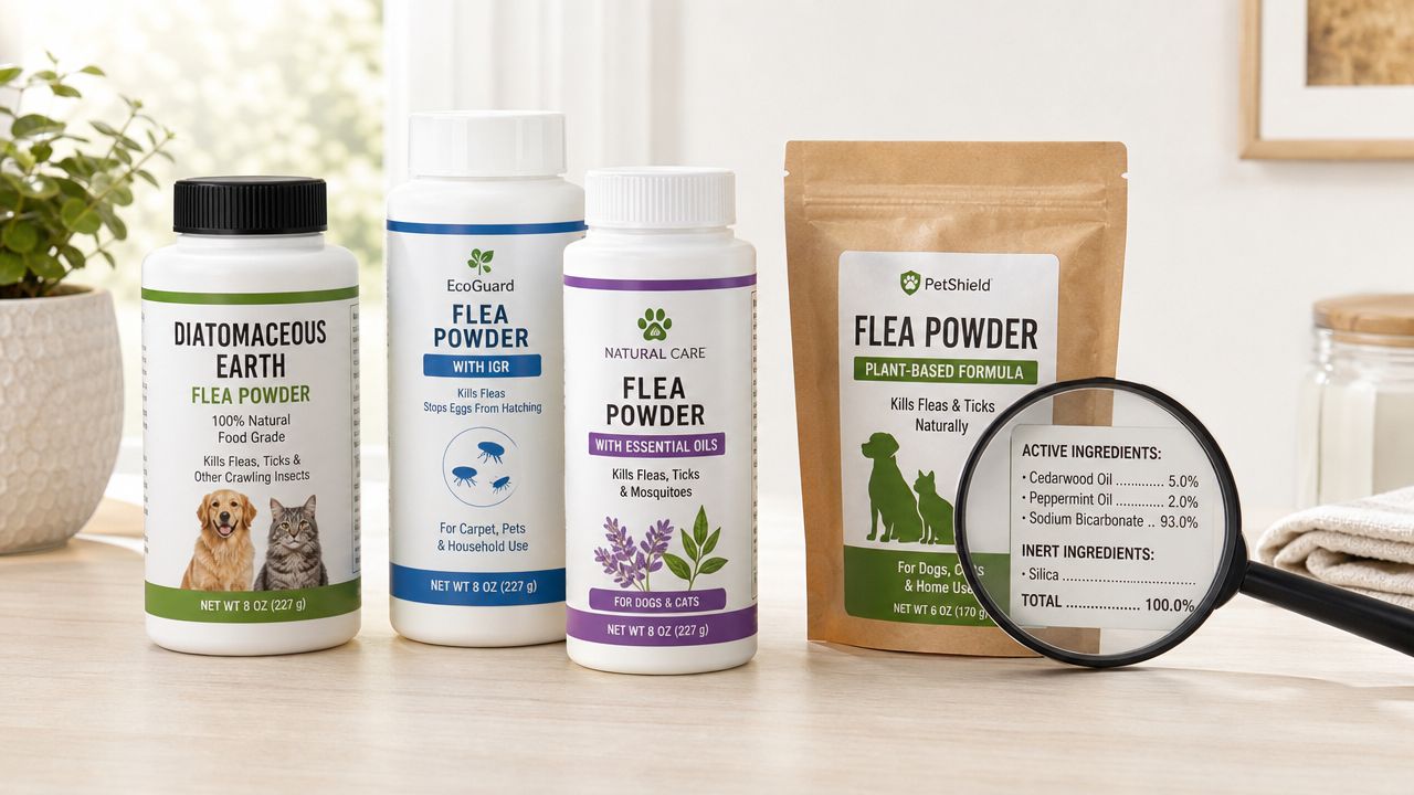 A collection of various flea powder products for dogs and cats arranged on a wooden table.