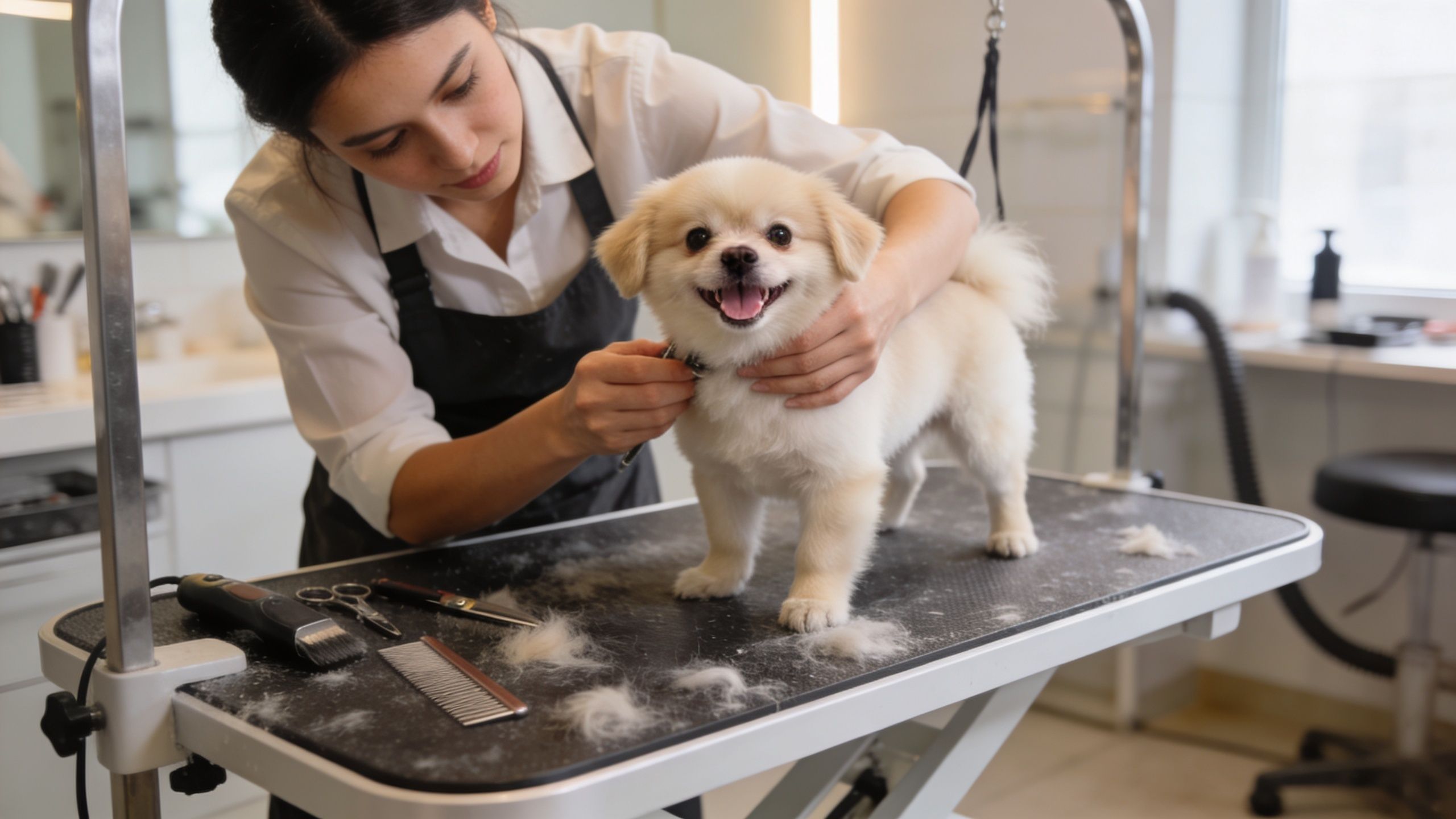 A professional dog groomer carefully clips the fur of a small, happy puppy on a grooming table.