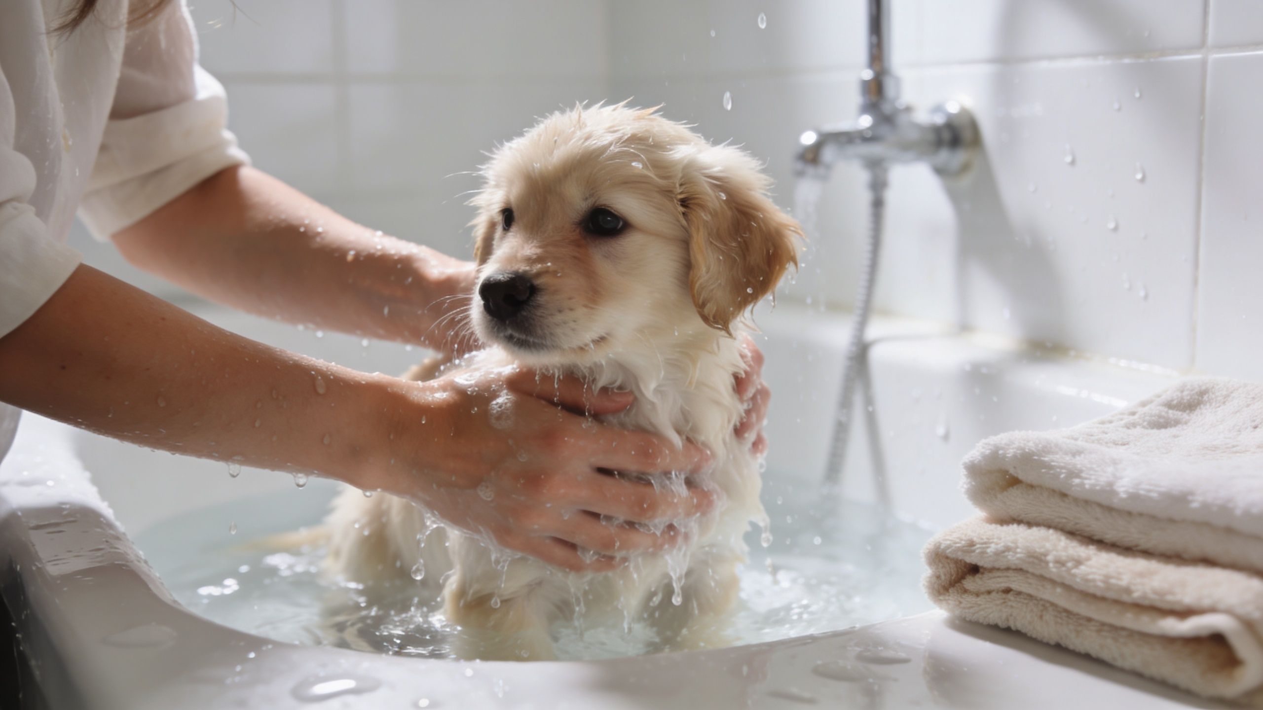 A gentle person washing a small golden retriever puppy in a white bathroom sink with soapy water