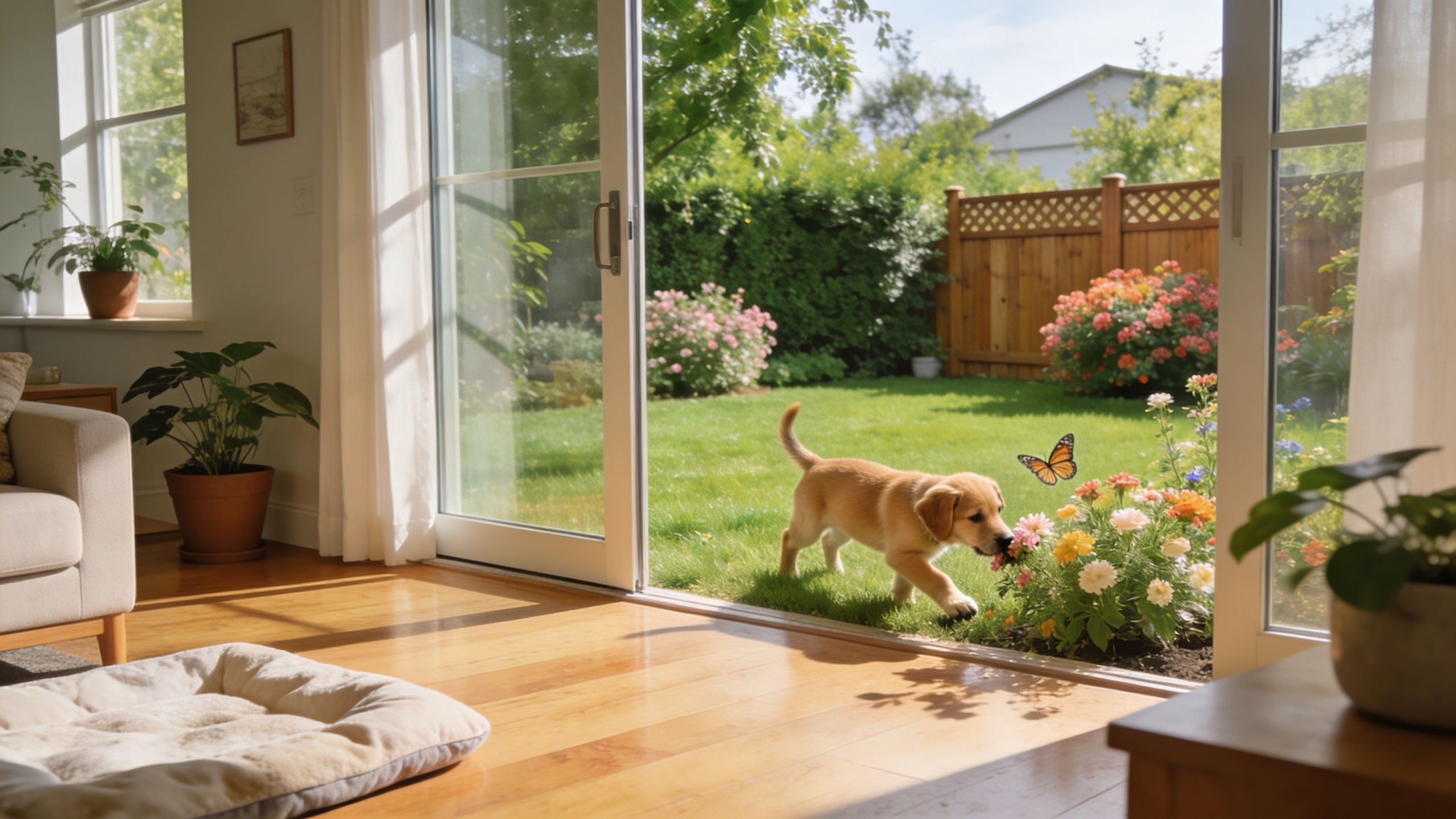 A cute golden retriever puppy sniffing colorful flowers in a bright, sunny backyard seen through open glass doors.