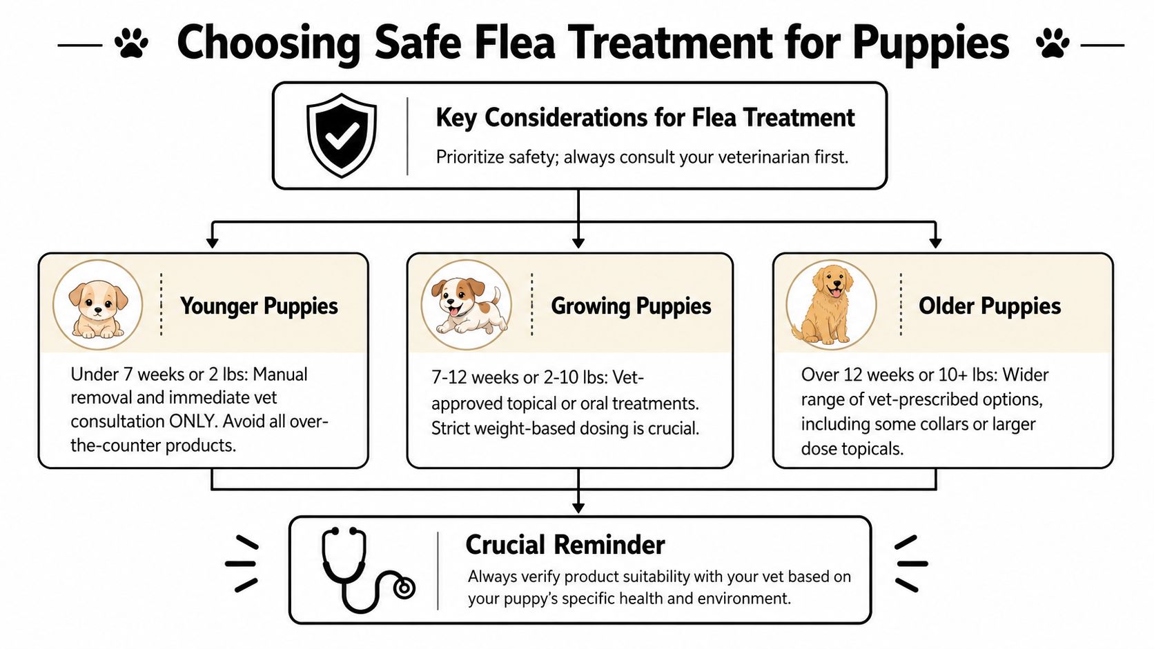 An infographic titled Choosing Safe Flea Treatment for Puppies, categorizing treatment guidelines by age and weight.