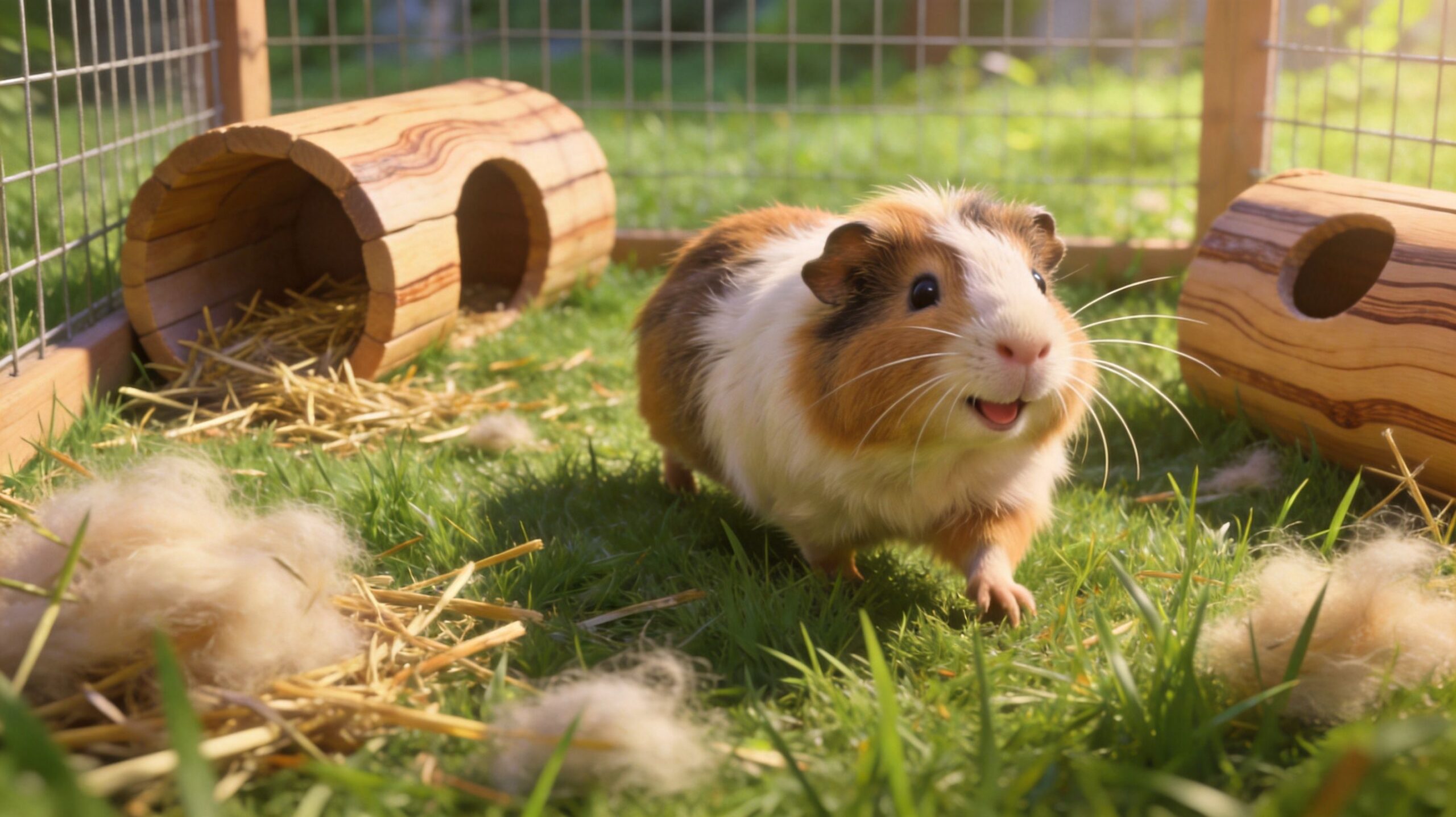 A cute tricolor guinea pig walking on green grass inside an outdoor playpen with wooden tunnels.
