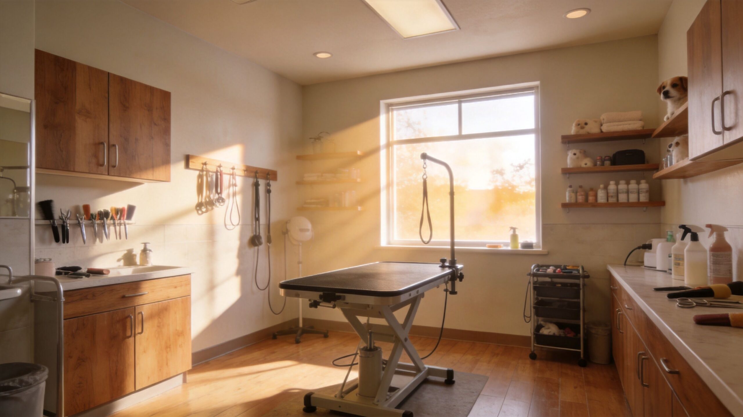 A professional, well-lit pet grooming station featuring a grooming table, various brushes, tools, and storage shelving.