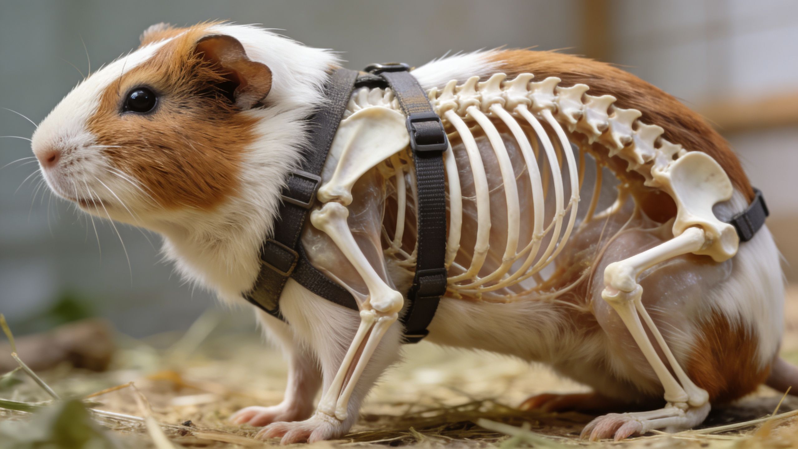 A close-up view of a guinea pig wearing a harness with a visible, stylized skeletal structure.