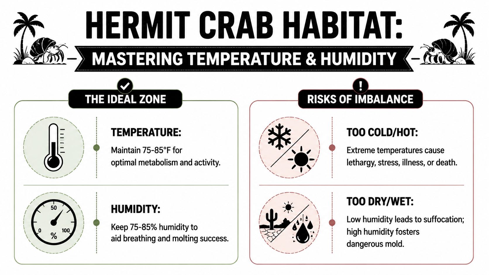 An infographic detailing the ideal temperature and humidity levels for maintaining a healthy hermit crab habitat.