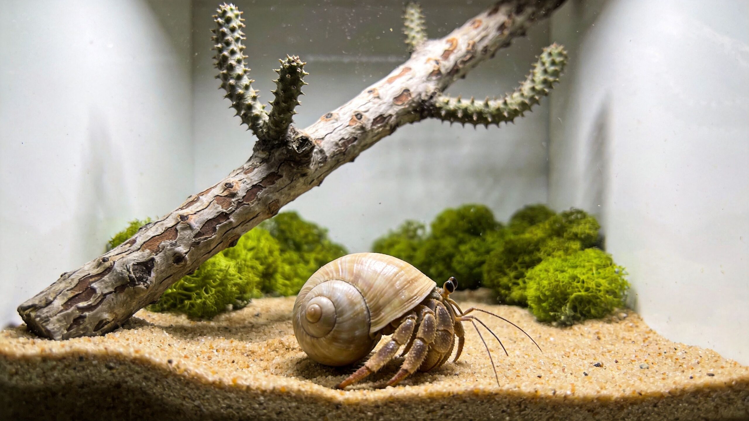 A small hermit crab sitting on sand in a bright glass terrarium with moss and wood.