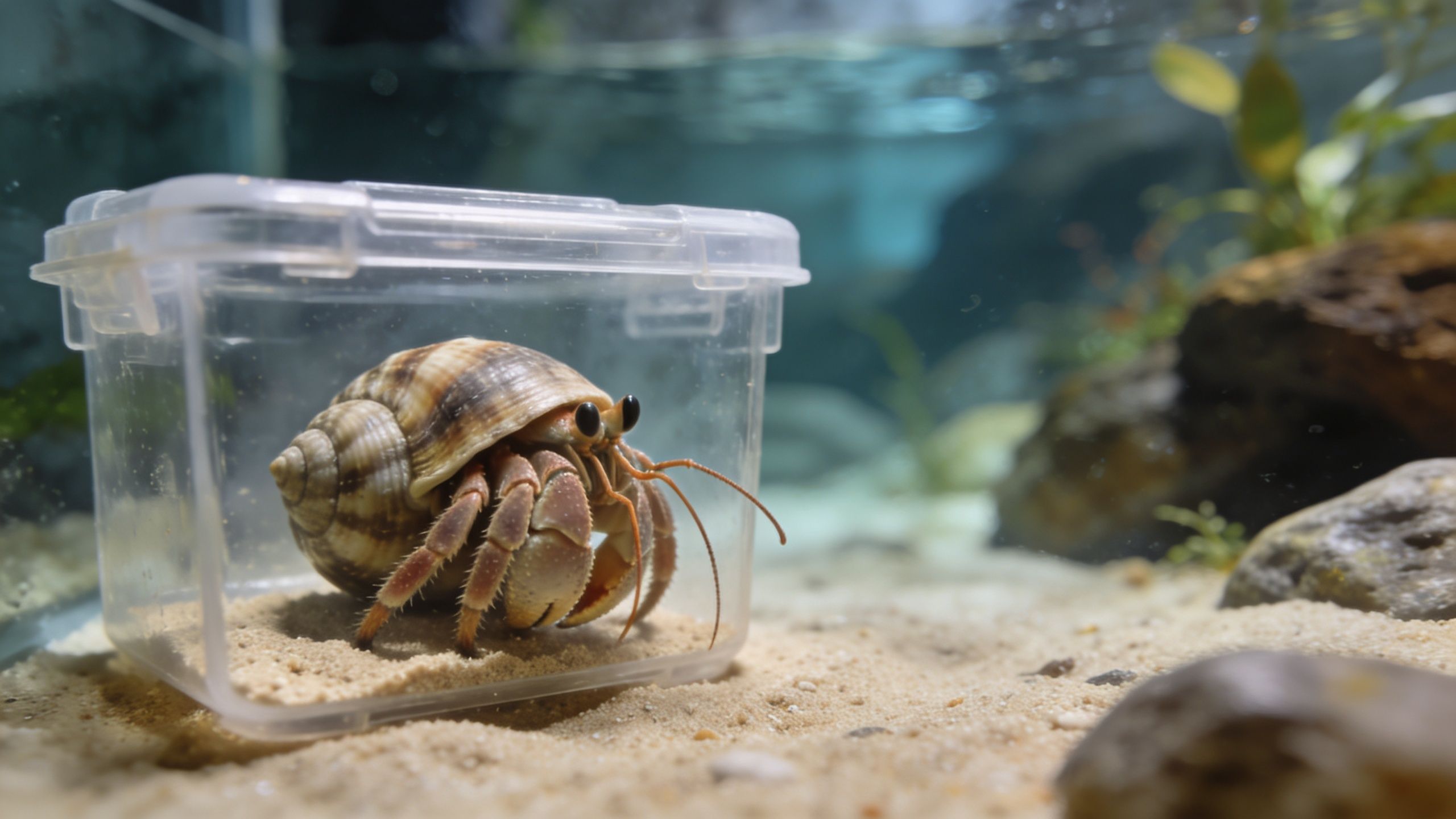 A small hermit crab resting inside a clear plastic container placed on the sand in a tank.