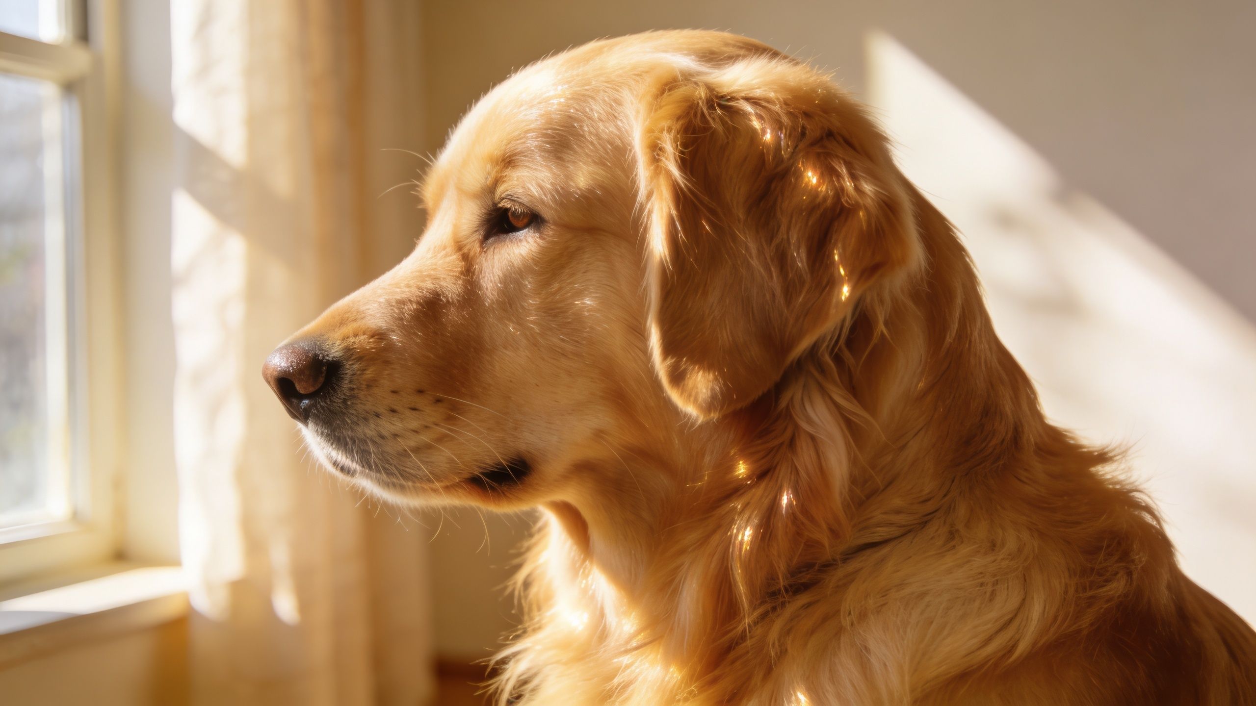 A golden retriever sitting and looking out a sunny window in profile view.