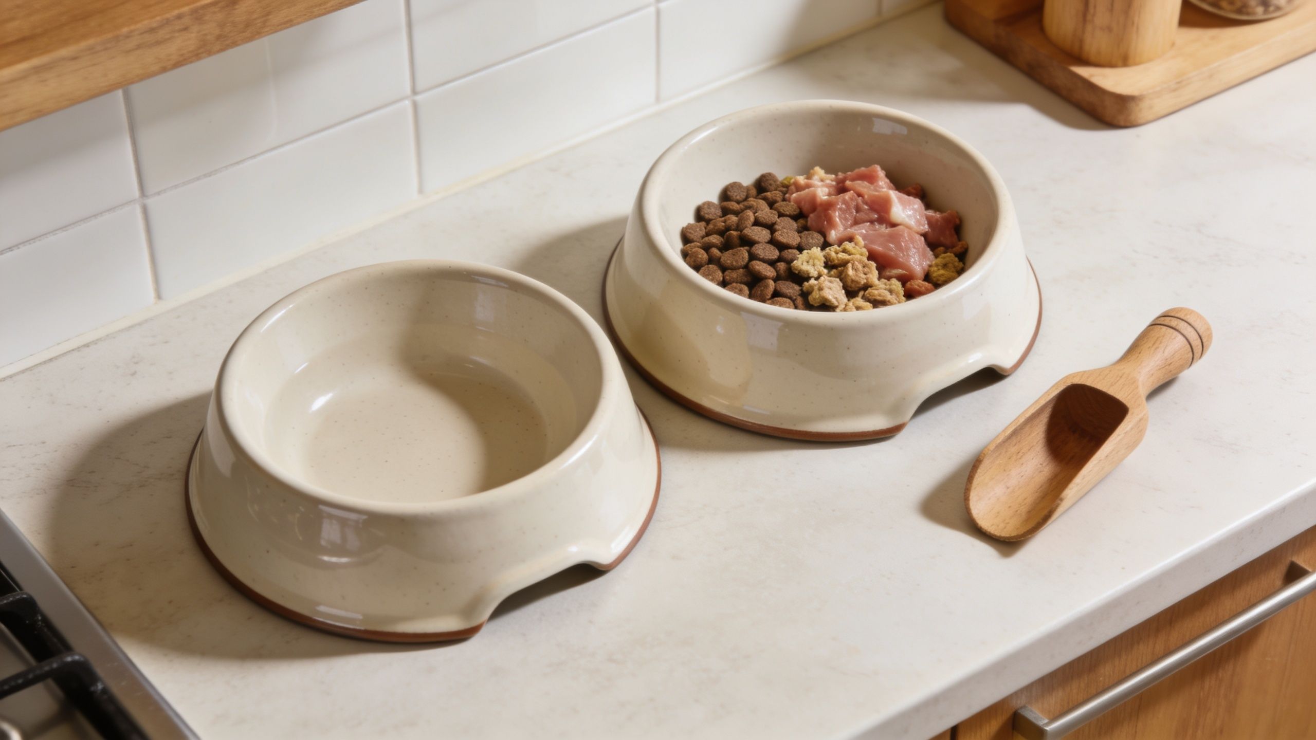 Two beige pet bowls, one containing a mix of kibble and raw meat, next to a wooden scoop.