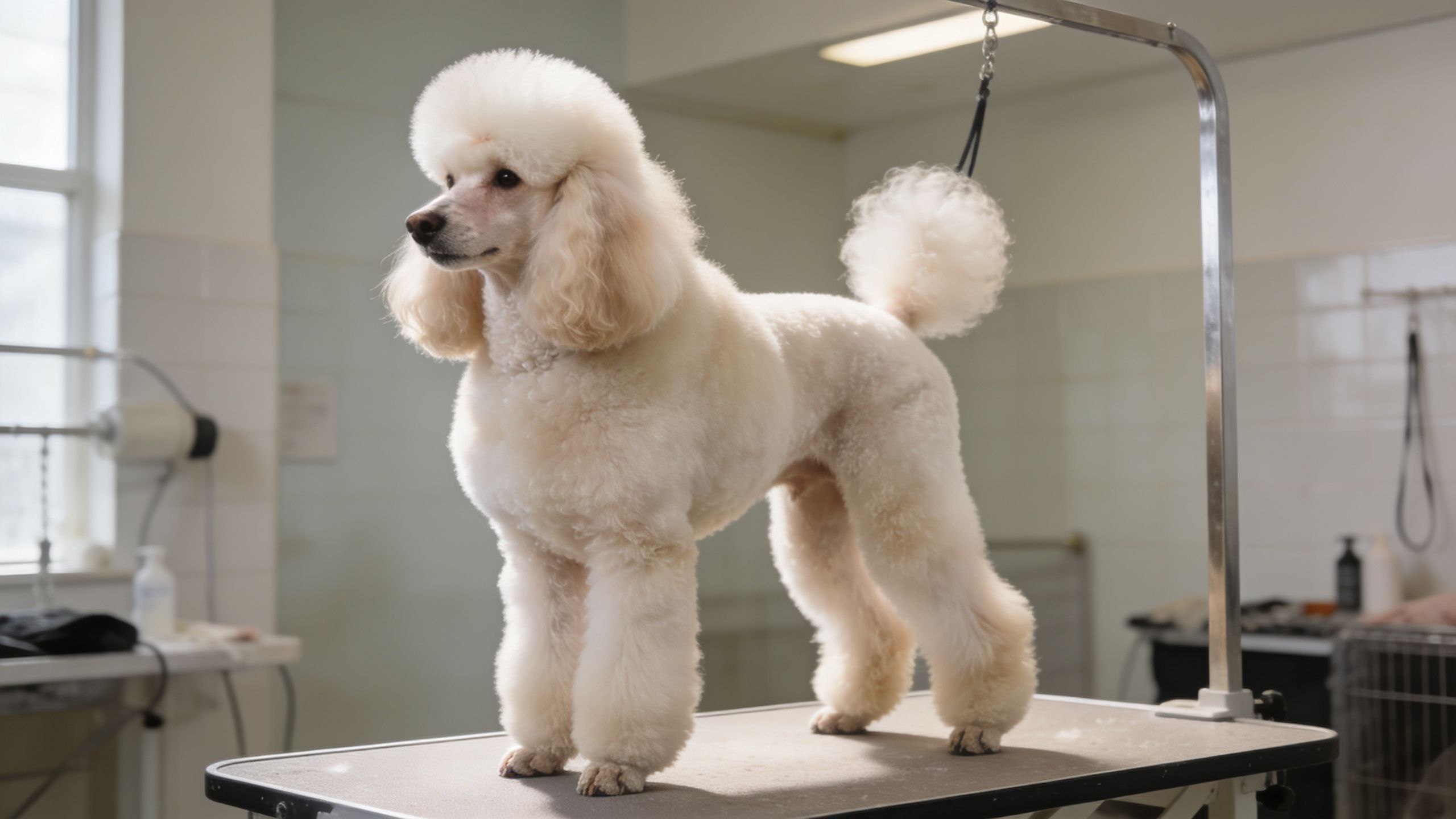 A professional white standard poodle standing on a grooming table in a clean pet salon environment