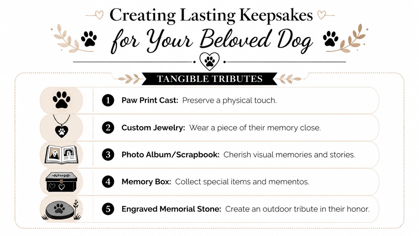 A helpful infographic showing five ways to create tangible keepsakes to memorialize a beloved pet dog.