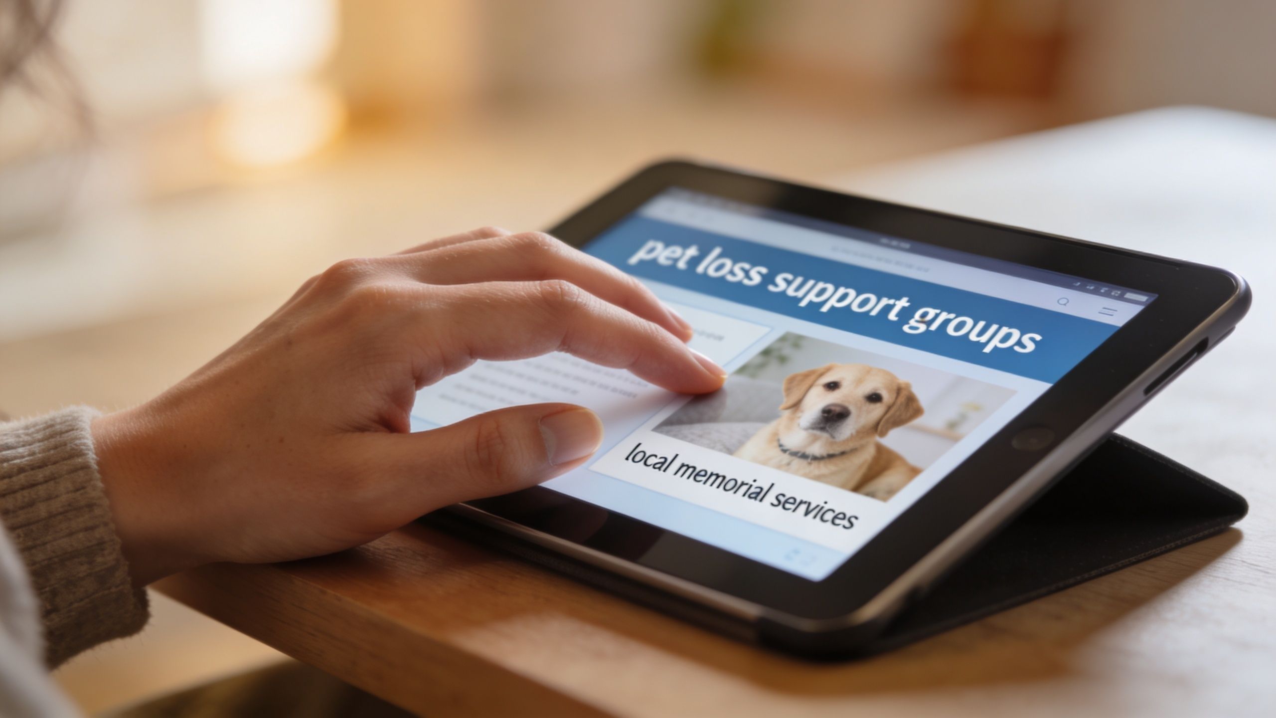 A person using a tablet to search for pet loss support groups and local memorial services online.
