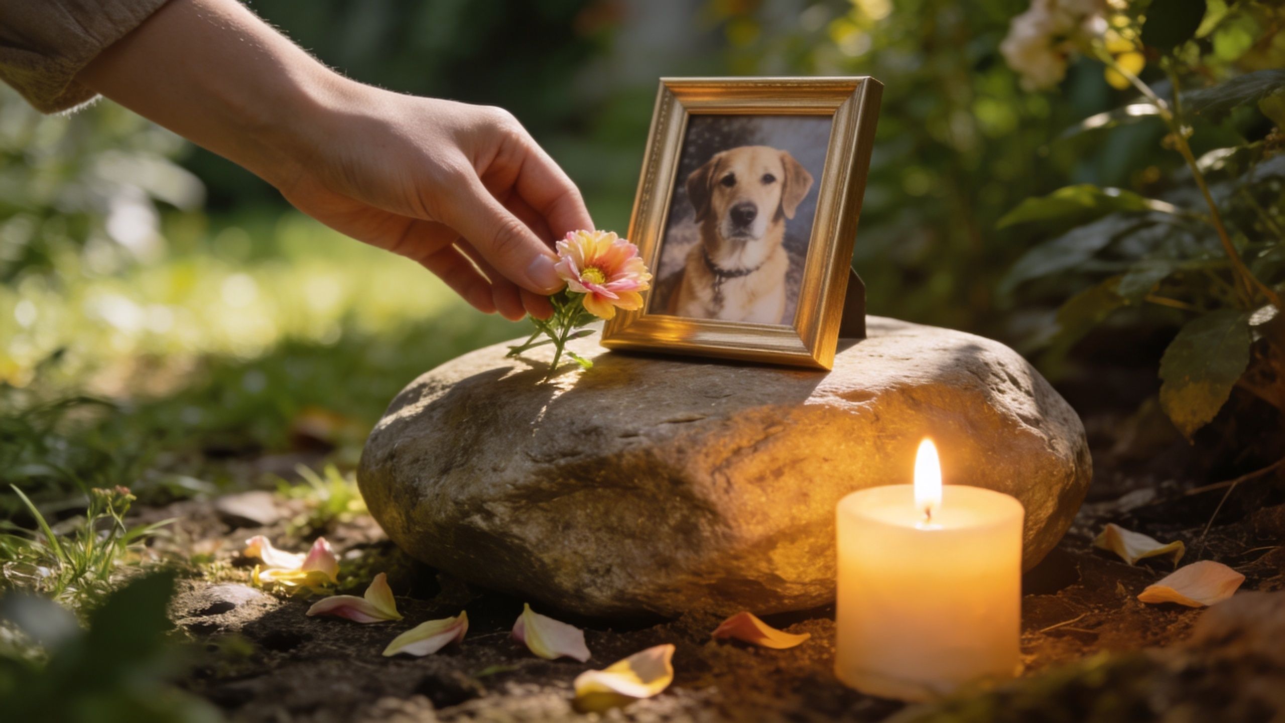 A hand placing a flower on a pet memorial stone next to a dog photo and candle.