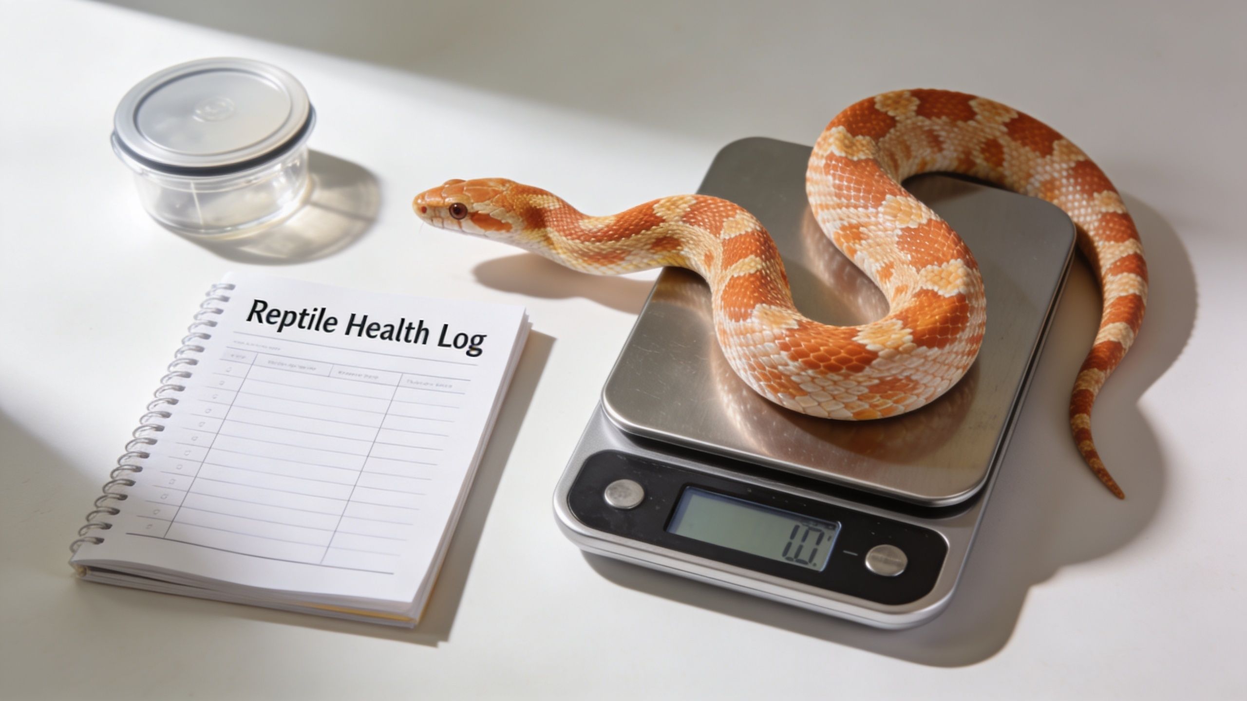 A corn snake resting on a digital scale next to a reptile health log notebook and container.
