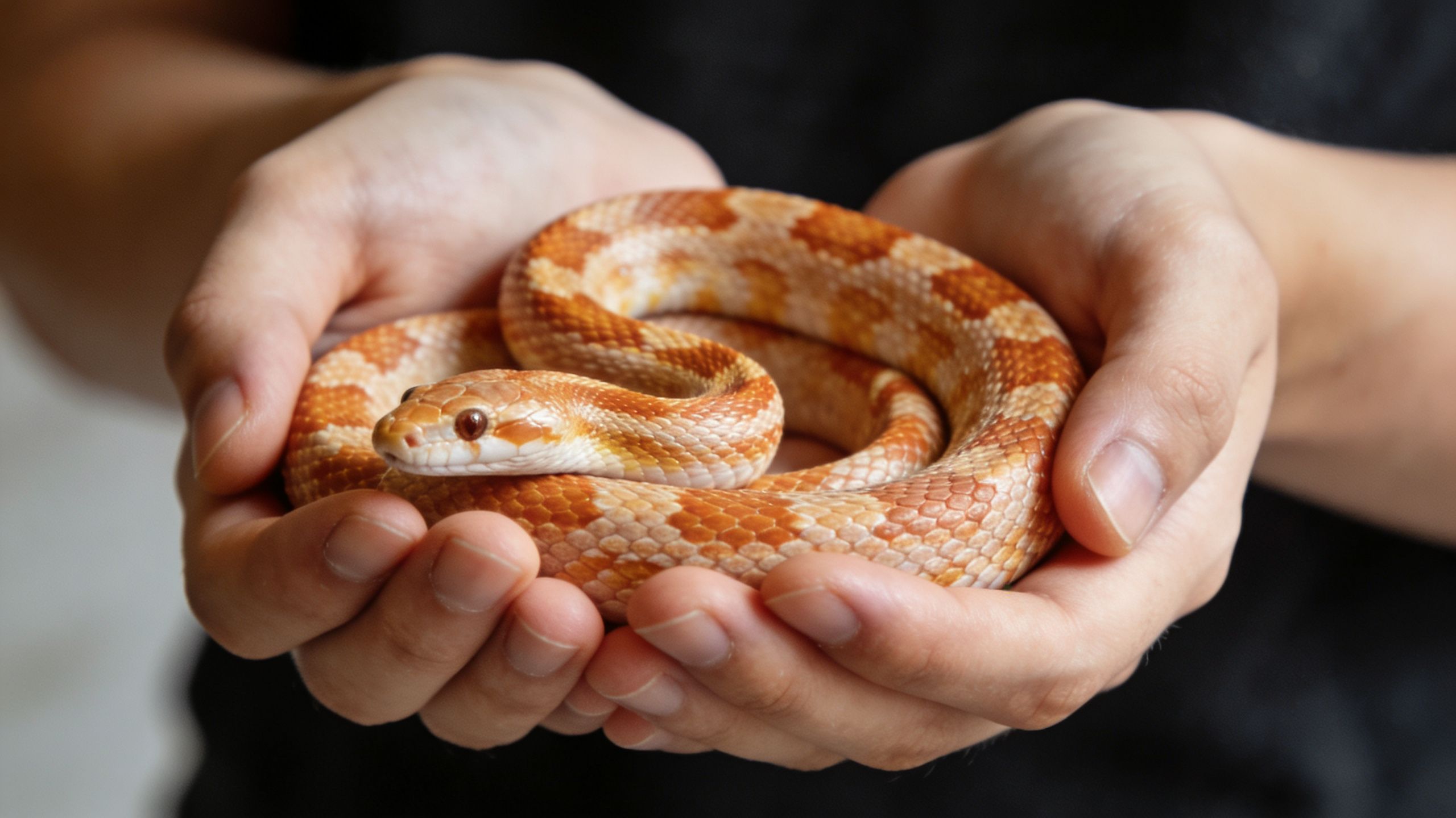 A person carefully holding a small orange and white corn snake coiled in their hands.