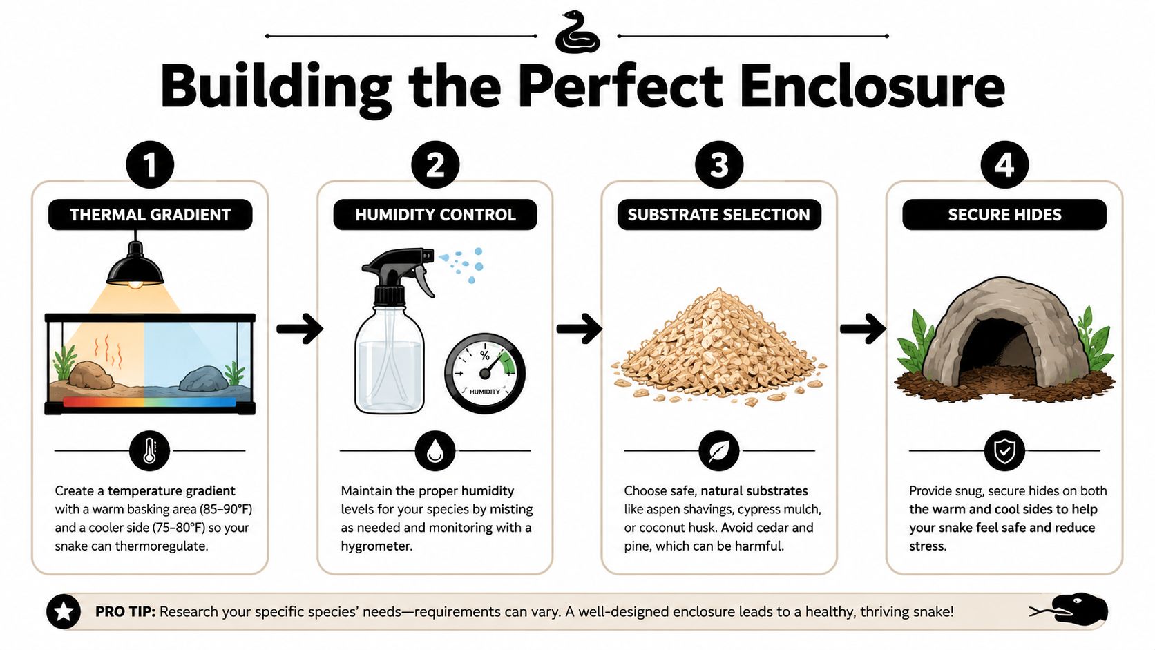 An infographic illustrating four essential steps for creating a healthy snake enclosure for pet reptiles.