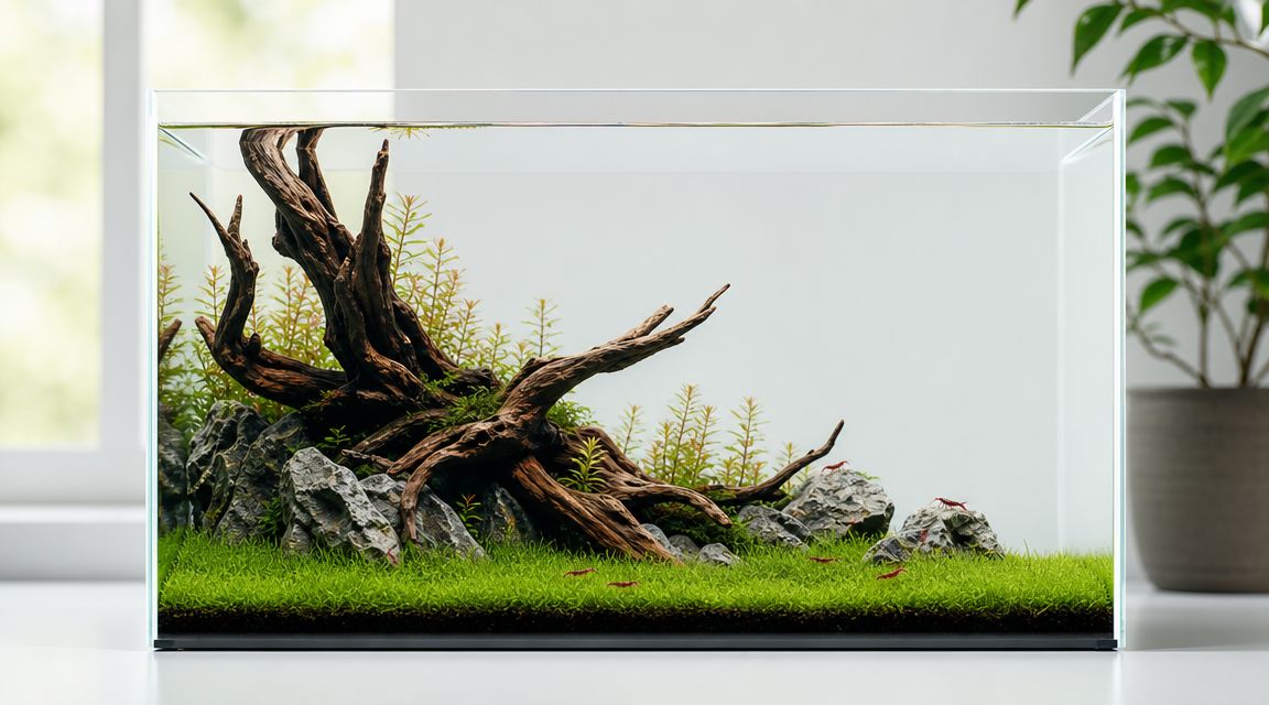 A beautiful aquascaped 10 gallon aquarium featuring driftwood, lush green carpet plants, and small red shrimp.