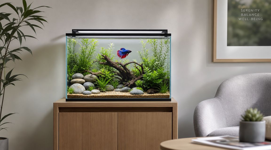A modern 10 gallon aquarium filled with lush green plants, driftwood, smooth stones, and a vibrant betta fish.