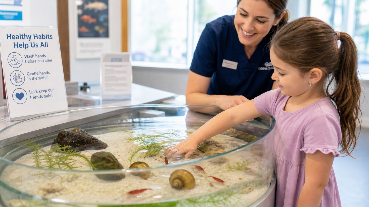 A young girl touches a shallow indoor touch pool containing small shrimp and snails with an adult nearby.