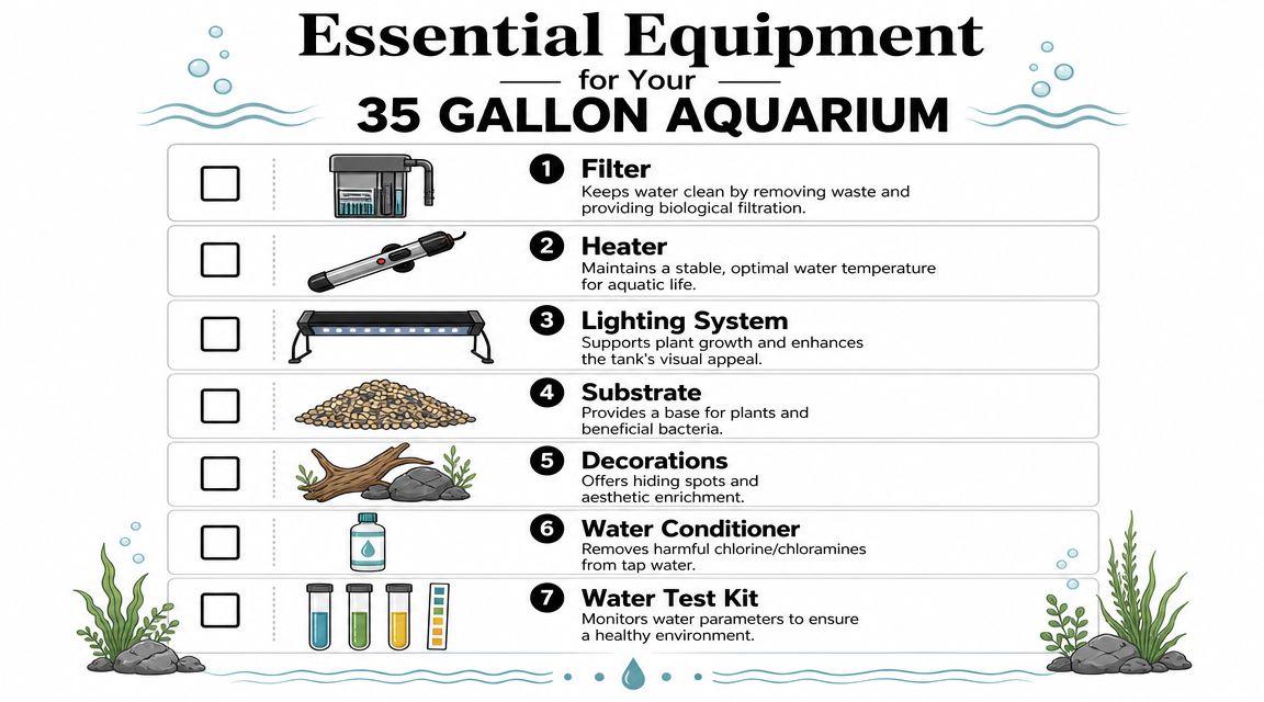A checklist of essential equipment for maintaining a 35 gallon aquarium, including filter, heater, lighting, substrate, and test kits.