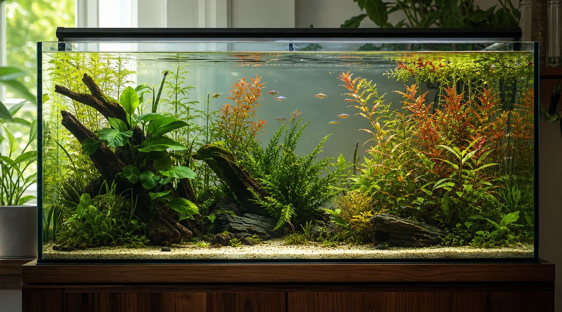 A beautiful 35 gallon aquarium filled with vibrant aquatic plants, driftwood, and small colorful schooling fish.