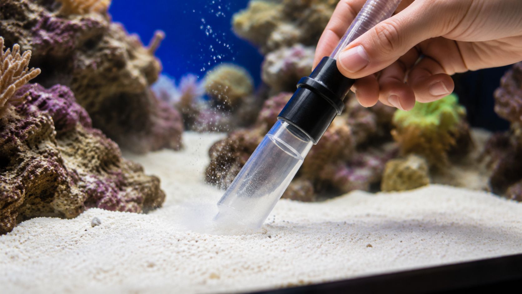 A person cleaning the white aquarium sand using a gravel vacuum cleaner in a saltwater fish tank.