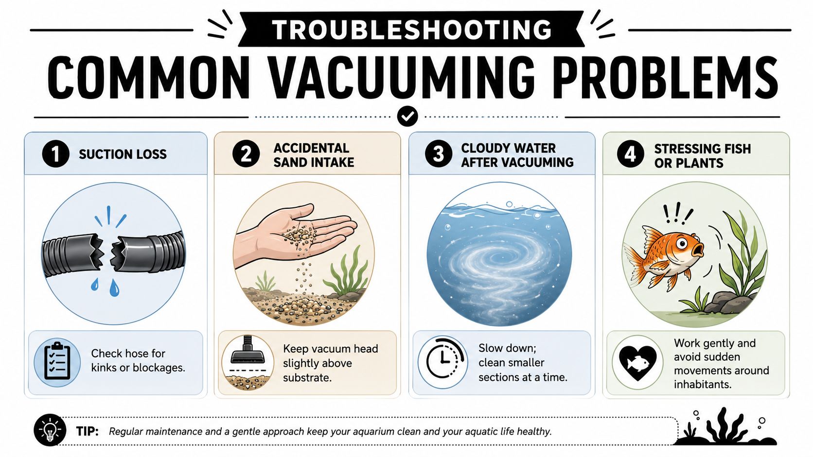 An infographic showing four common aquarium vacuuming problems and their solutions, including suction loss, sand intake, cloudy water, and stressing fish.