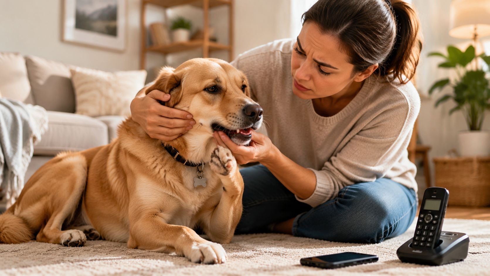 A concerned woman checks her golden retriever dog while sitting on the living room floor.