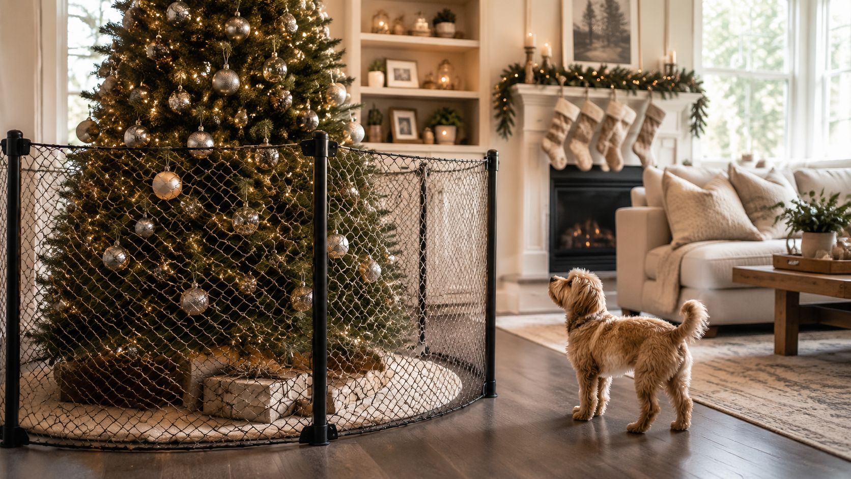A small dog looking curiously at a Christmas tree protected by a black safety gate.