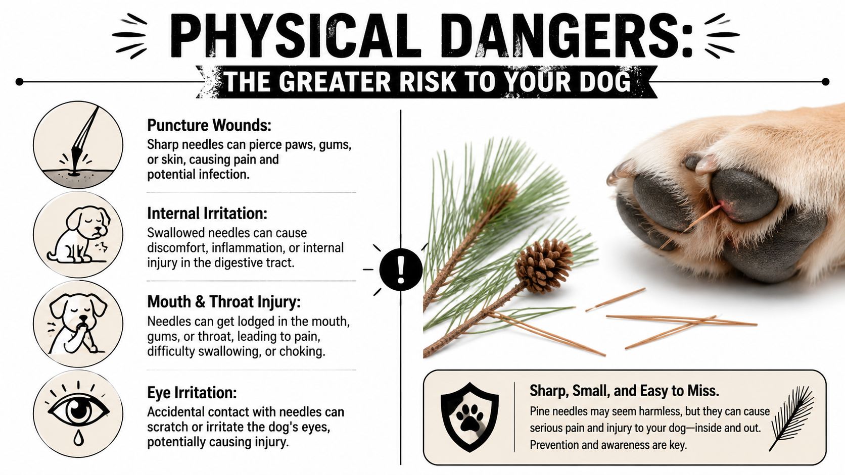 An infographic detailing physical dangers to dogs from pine needles, including injuries to paws, mouth, and eyes.