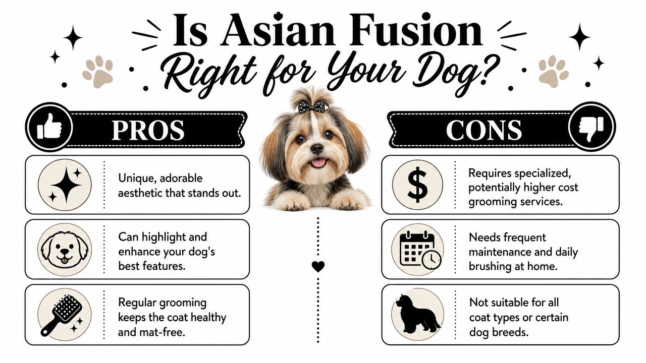 An infographic comparing the pros and cons of Asian fusion dog grooming styles for pet owners.